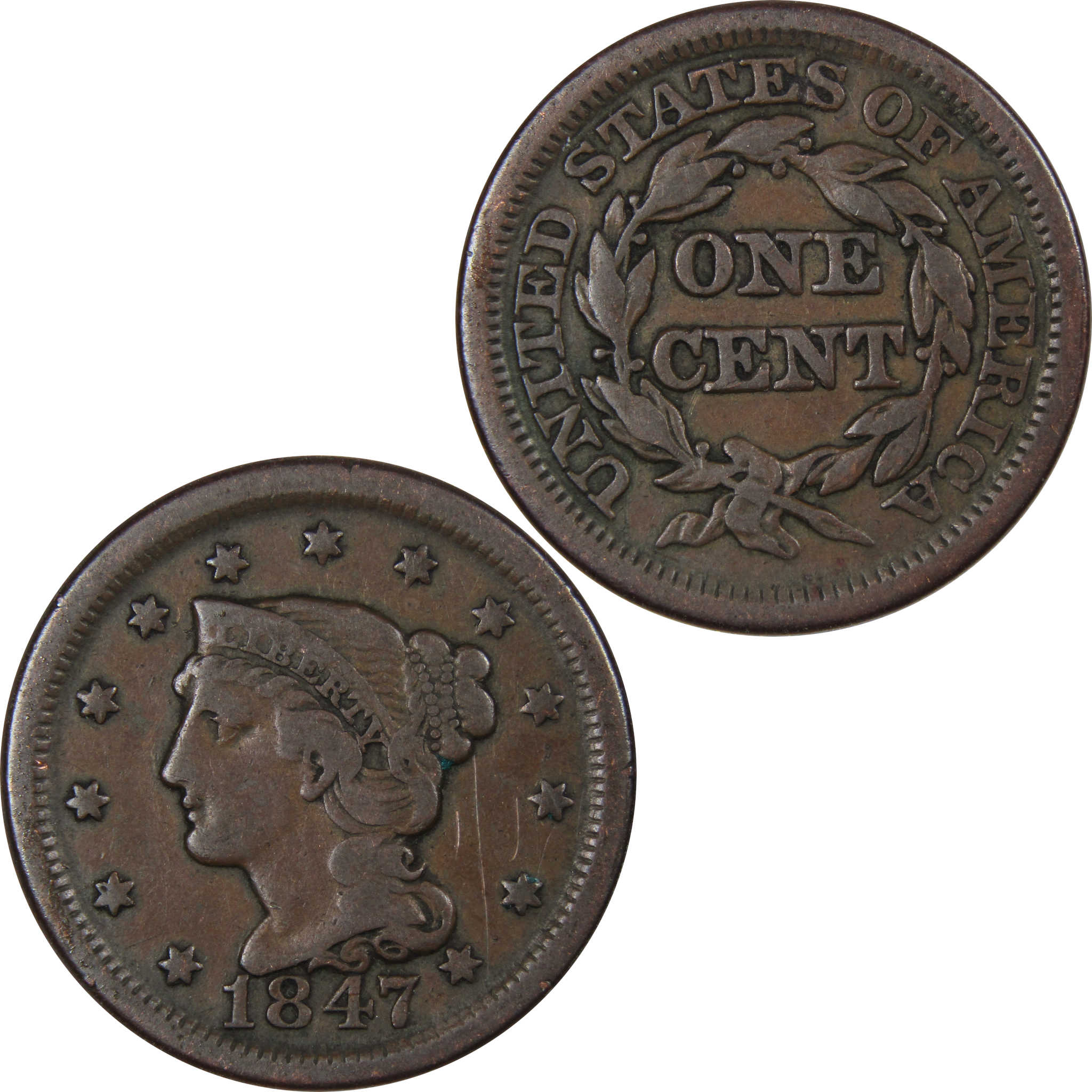 1847 Braided Hair Large Cent VG Very Good Copper Penny 1c SKU:IPC9065