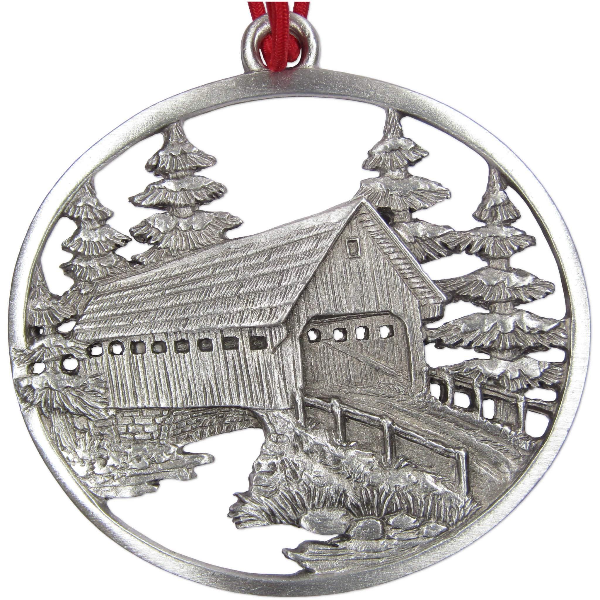 New England Covered Bridge Pewter Christmas Tree Ornament Holiday Decoration