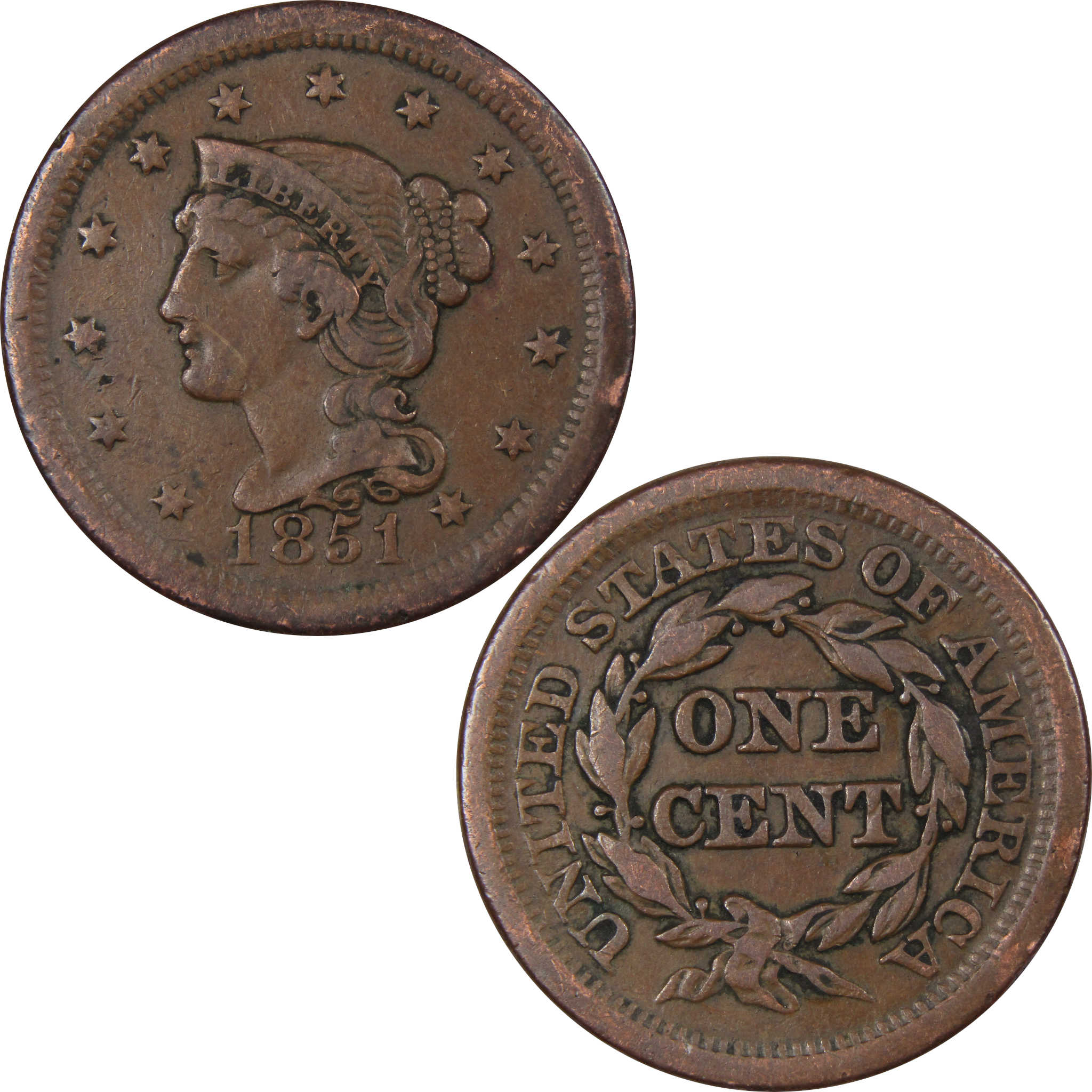 1851 Braided Hair Large Cent F Fine Copper Penny 1c SKU:IPC9067