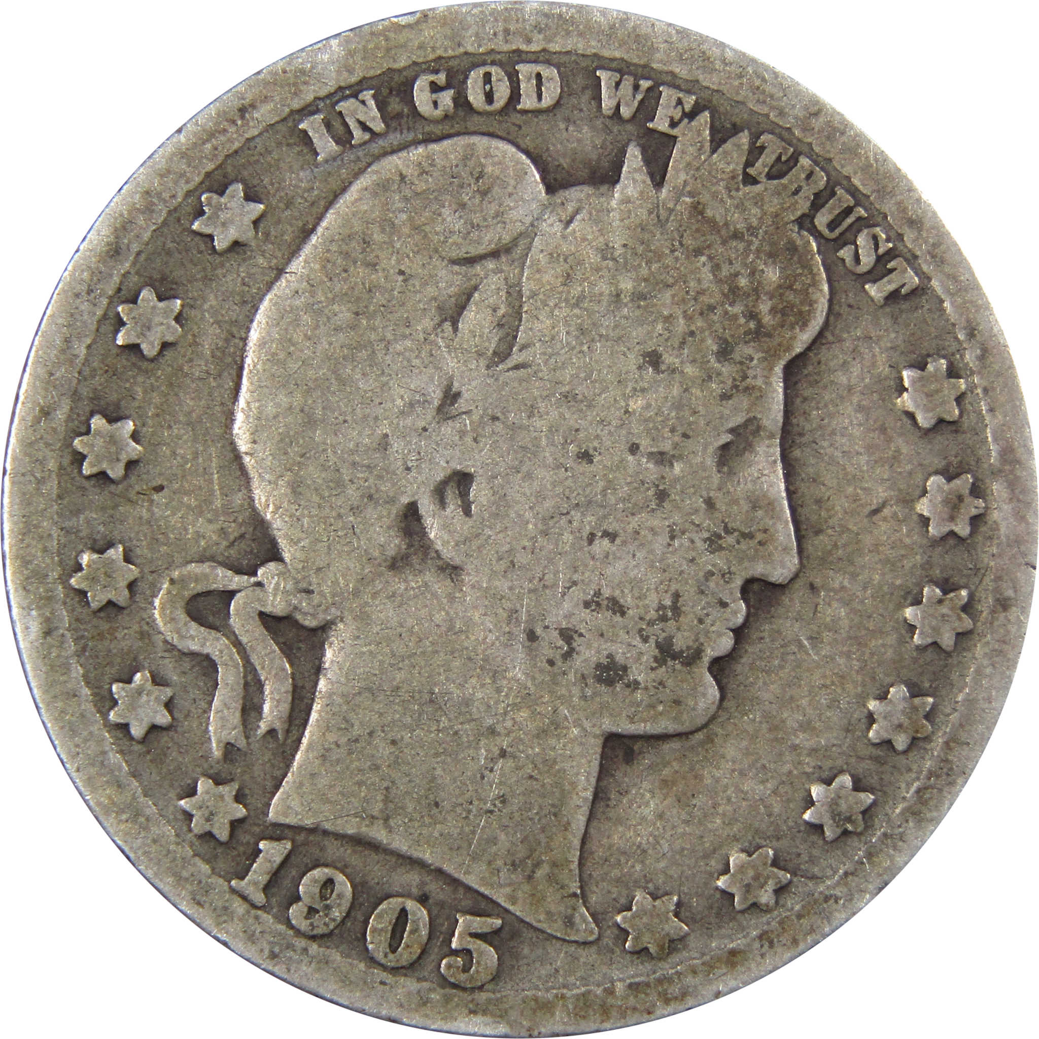 1905 Barber Quarter G Good 90% Silver 25c US Type Coin SKU:IPC9322