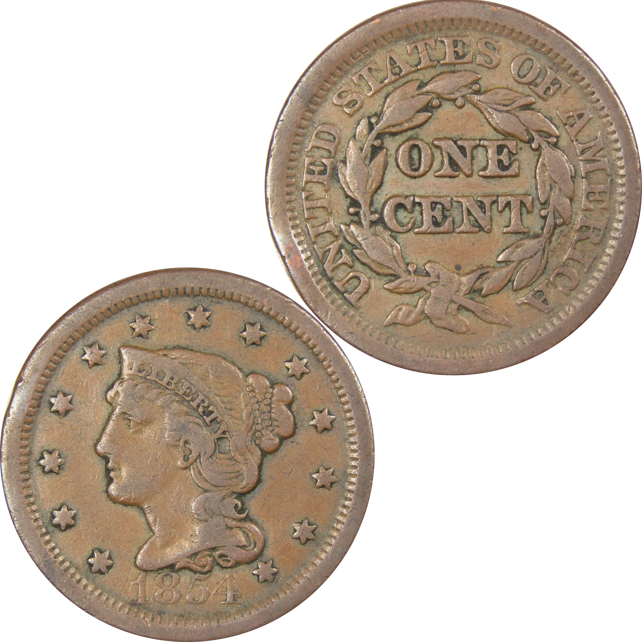 1854 Braided Hair Large Cent F Fine Copper Penny 1c SKU:IPC7322