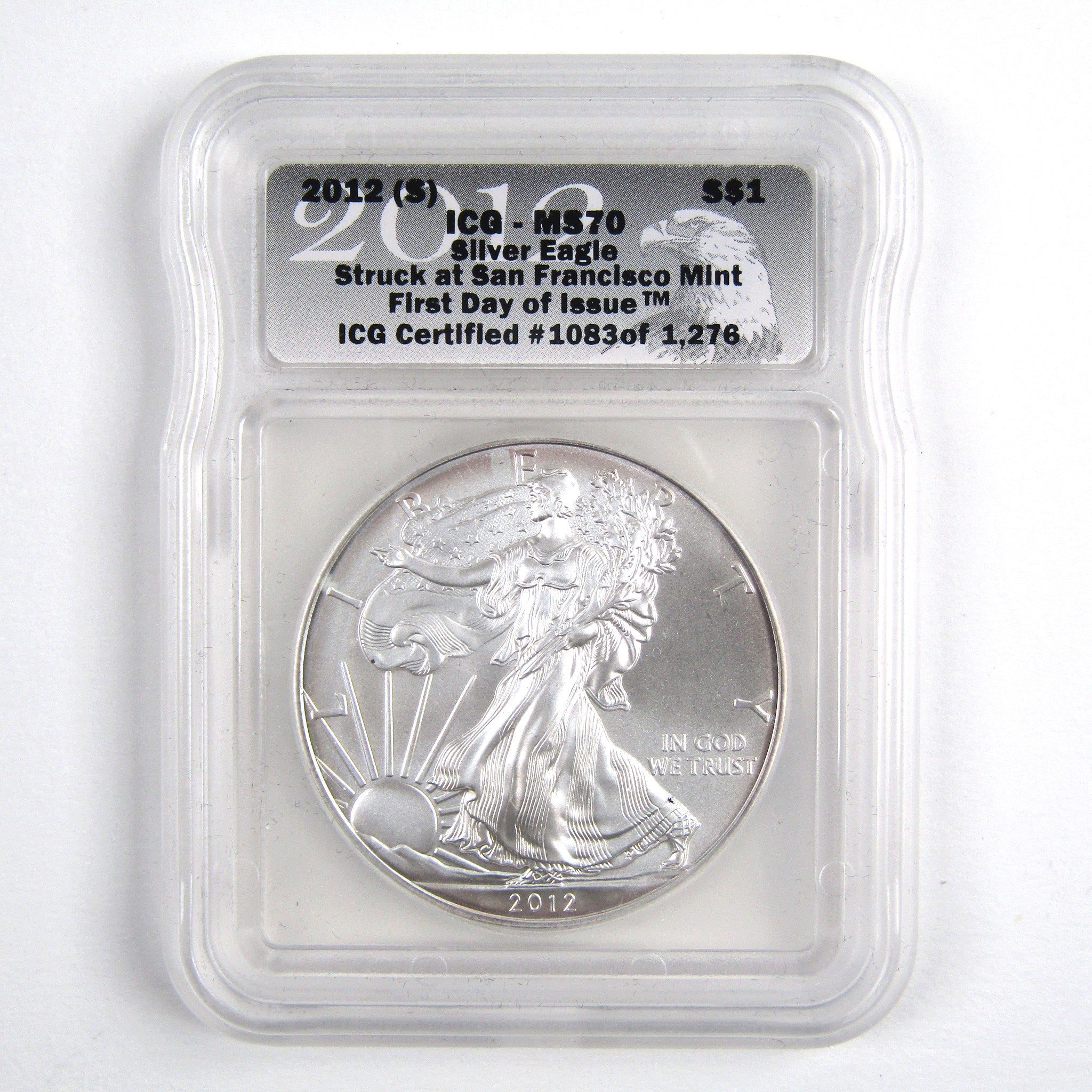 2012 (S) American Eagle Dollar MS 70 ICG Silver First Day SKU:CPC1818