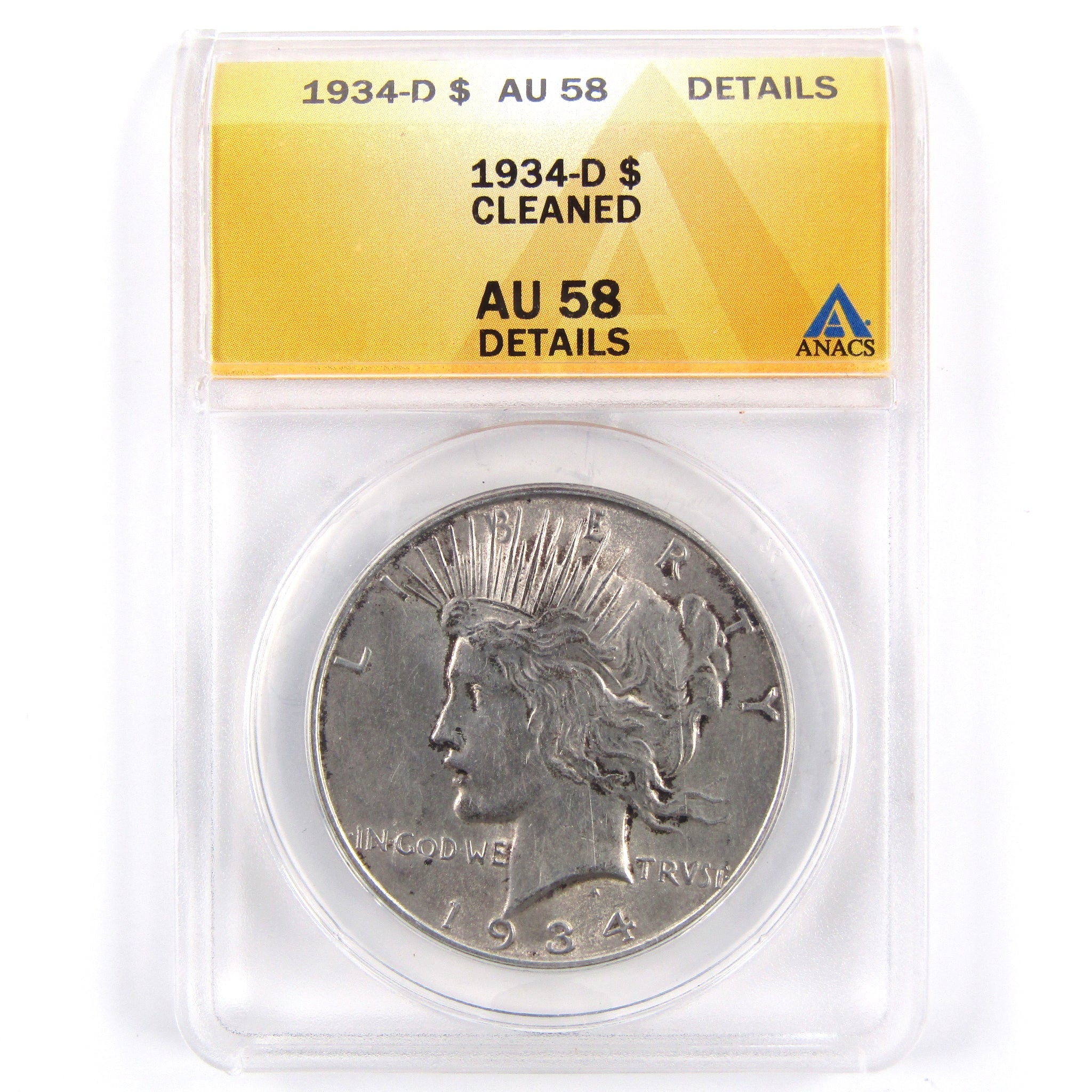 1934 D Peace Dollar AU 58 Details ANACS 90% Silver Coin SKU:CPC2494