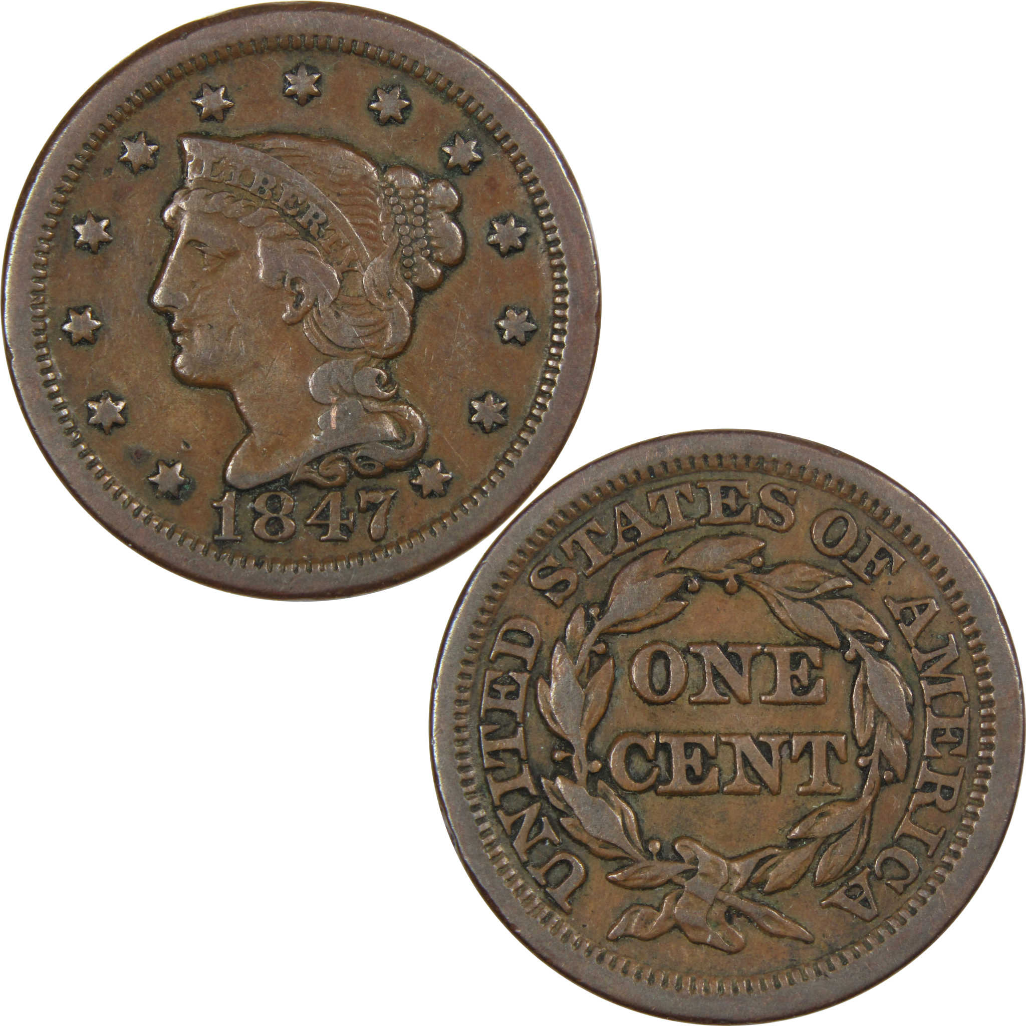 1847 Braided Hair Large Cent VF Very Fine Copper Penny Coin SKU:I410