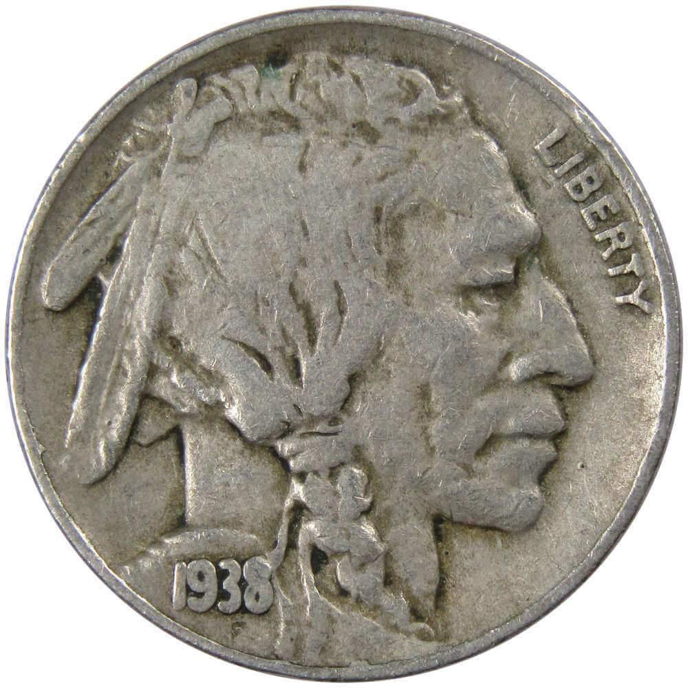 1938 D Indian Head Buffalo Nickel 5 Cent Piece F Fine 5c US Coin Collectible