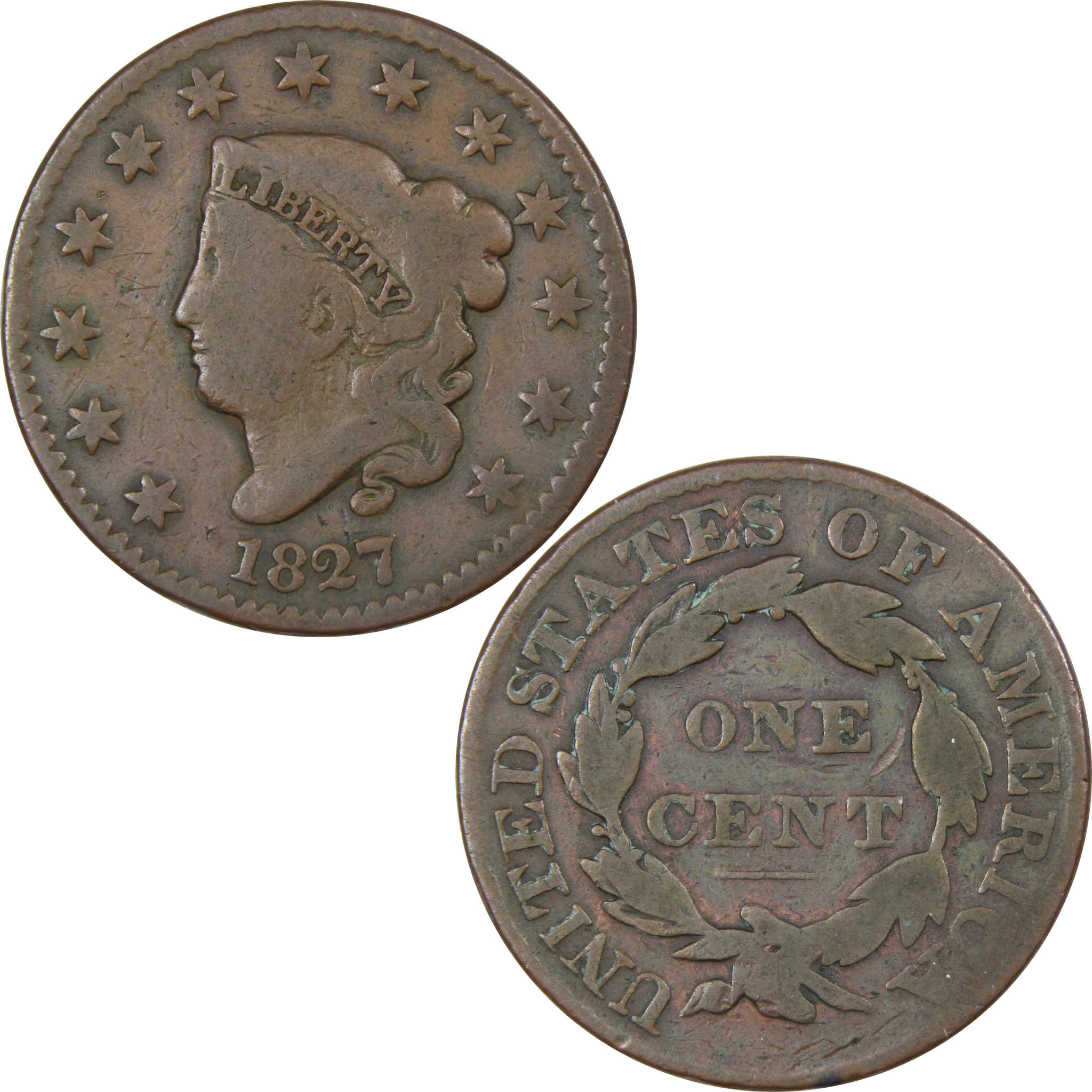 1827 Coronet Head Large Cent VG Very Good Copper Penny 1c SKU:IPC6038