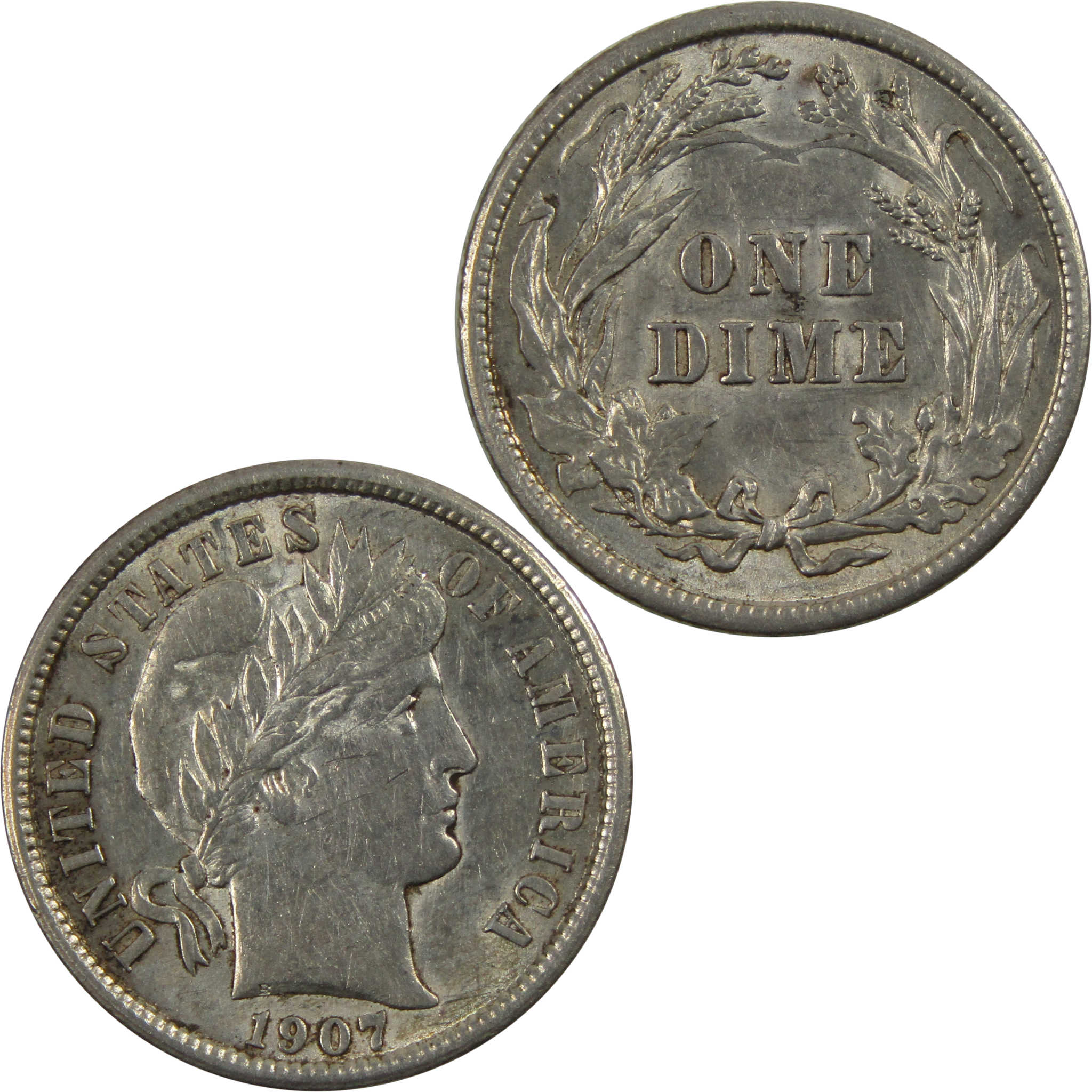 1907 Barber Dime AU About Uncirculated 90% Silver 10c Coin SKU:I4736