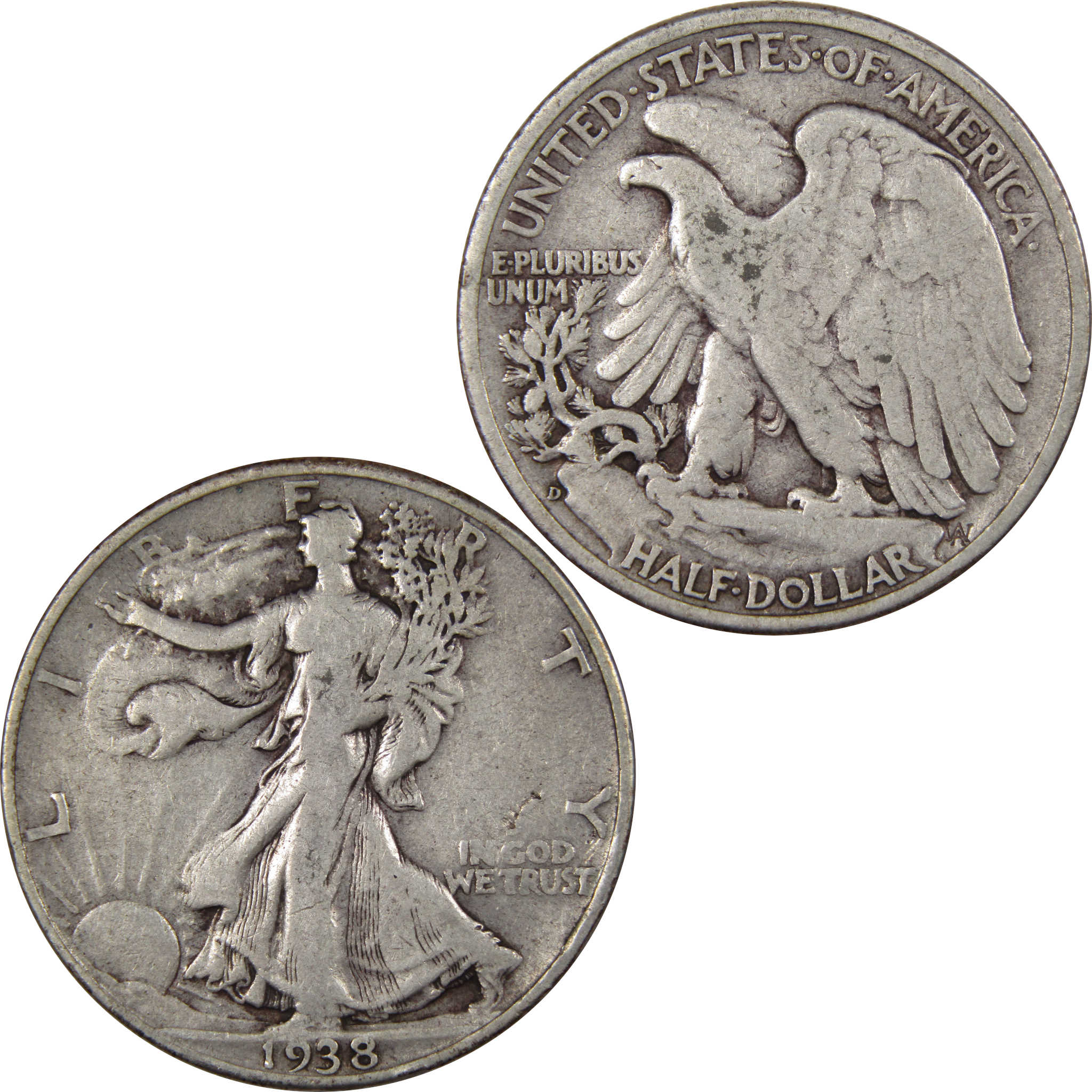 1938 D Liberty Walking Half Dollar F Fine 90% Silver 50c SKU:IPC9244