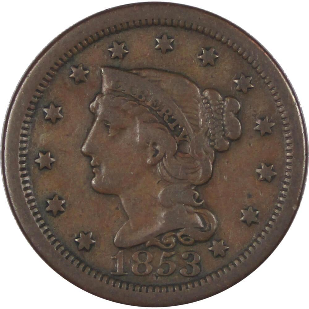 1853 Braided Hair Large Cent F Fine Copper Penny 1c US Type Coin Collectible