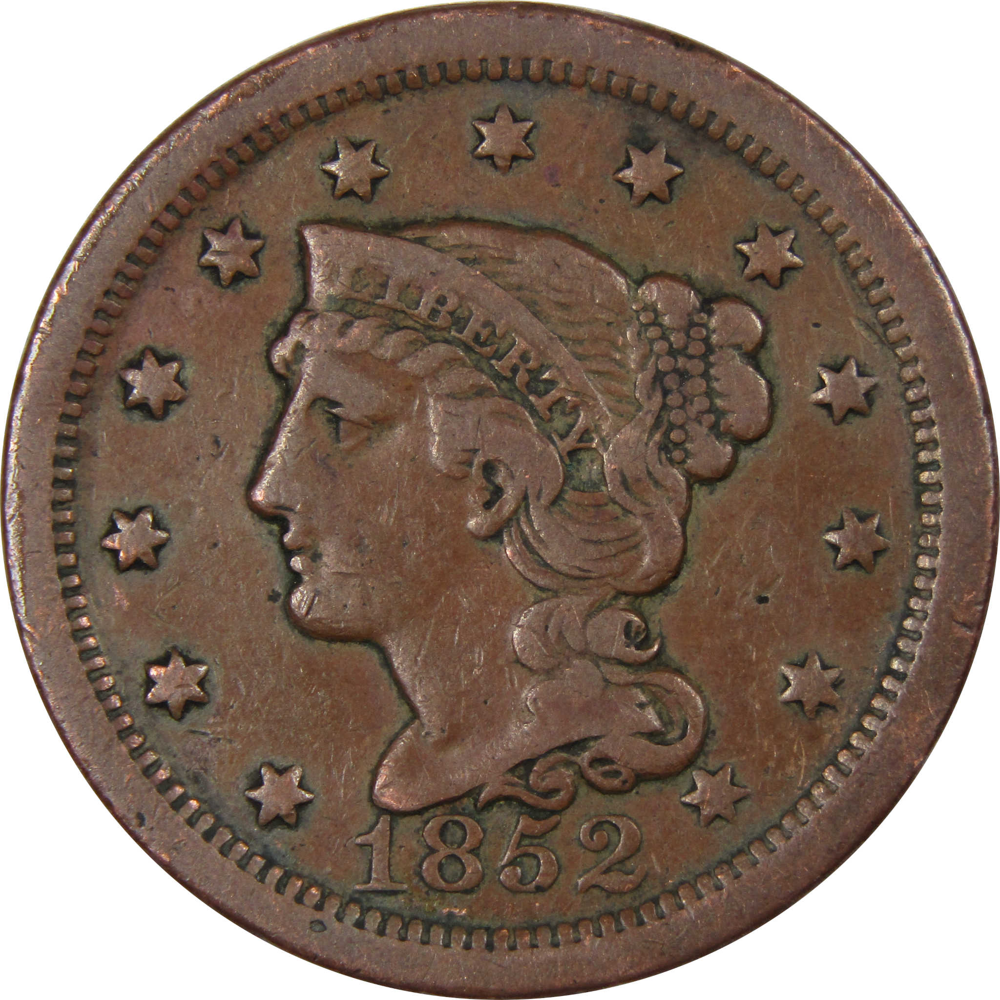 1852 Braided Hair Large Cent F Fine Copper Penny 1c SKU:IPC9021