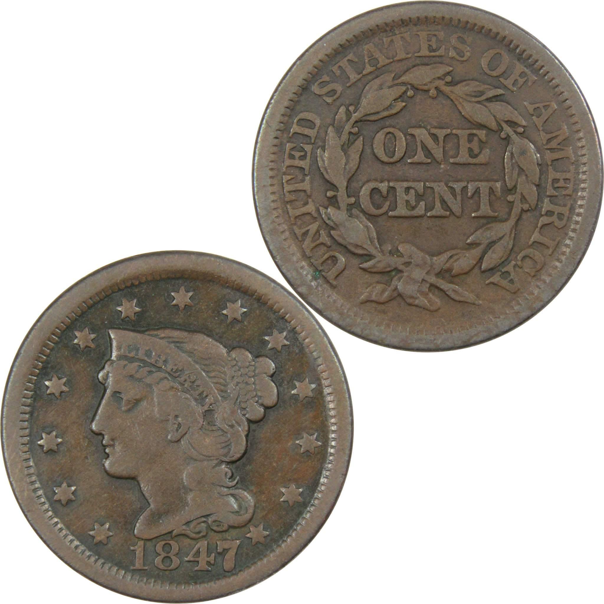 1847/7 Braided Hair Large Cent F Fine Copper Penny 1c SKU:CPC683