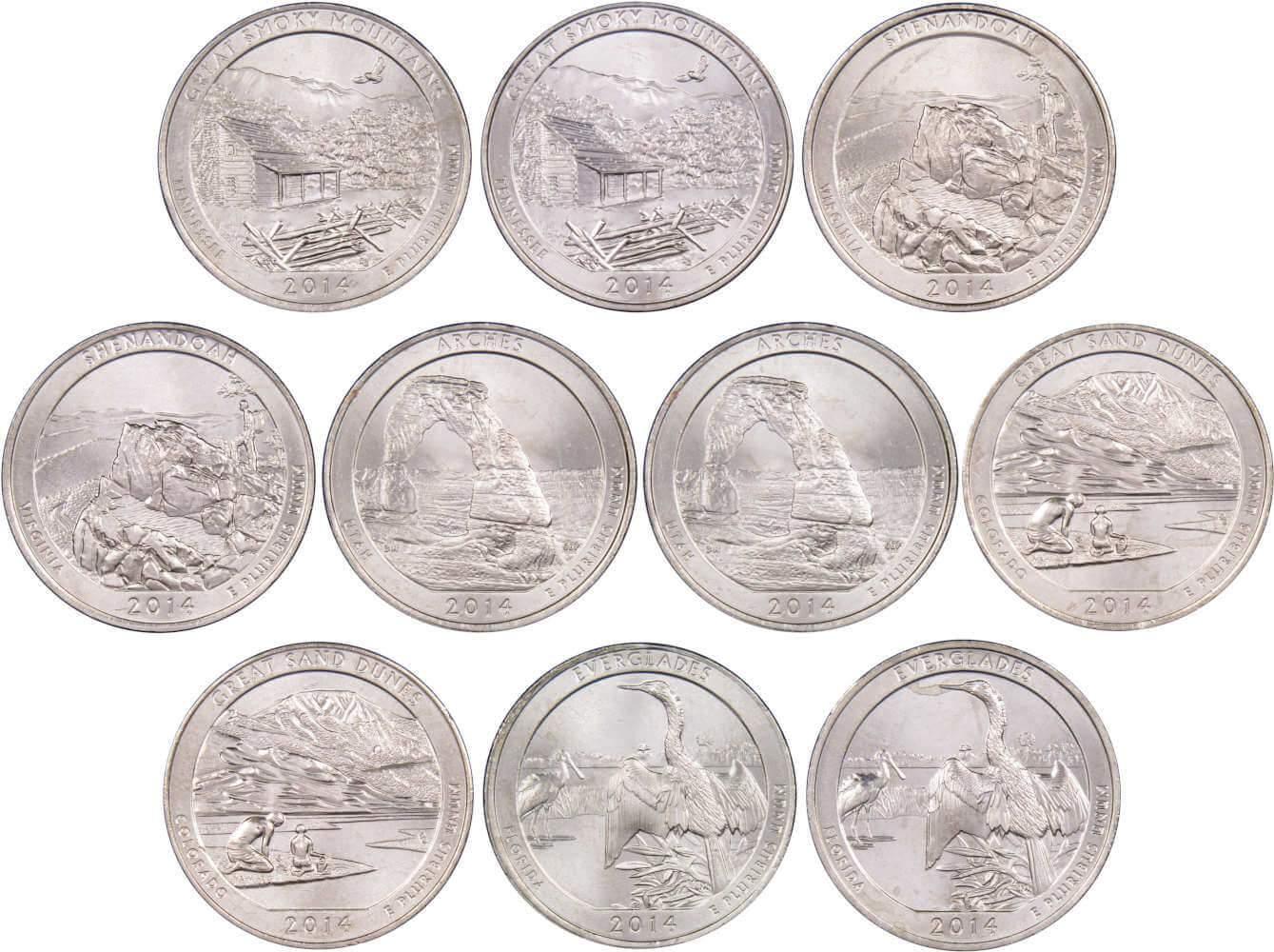 2014 P&D National Park Quarter 10 Coin Set Uncirculated Mint State 25c