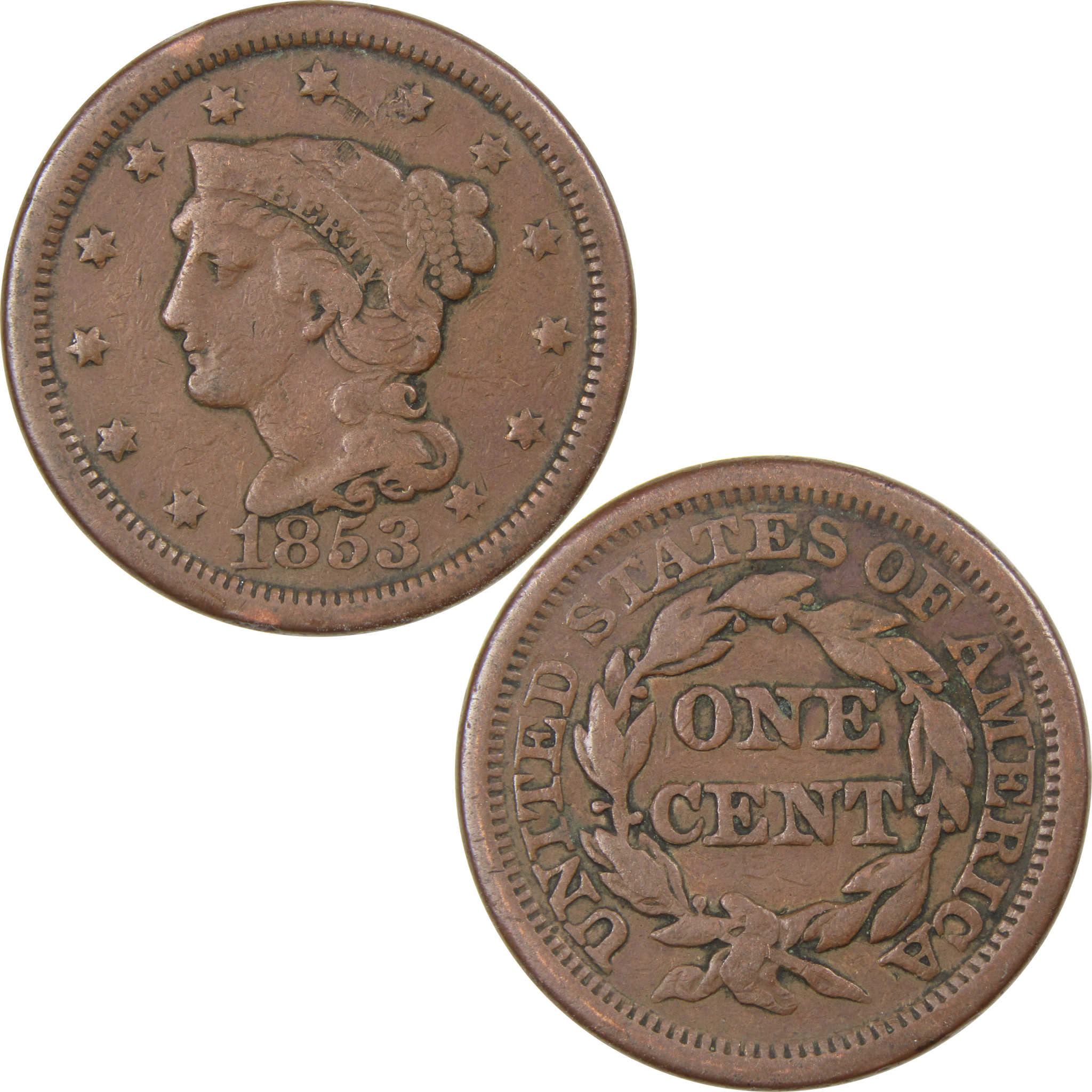 1853 Braided Hair Large Cent F Fine Copper Penny 1c SKU:I1310