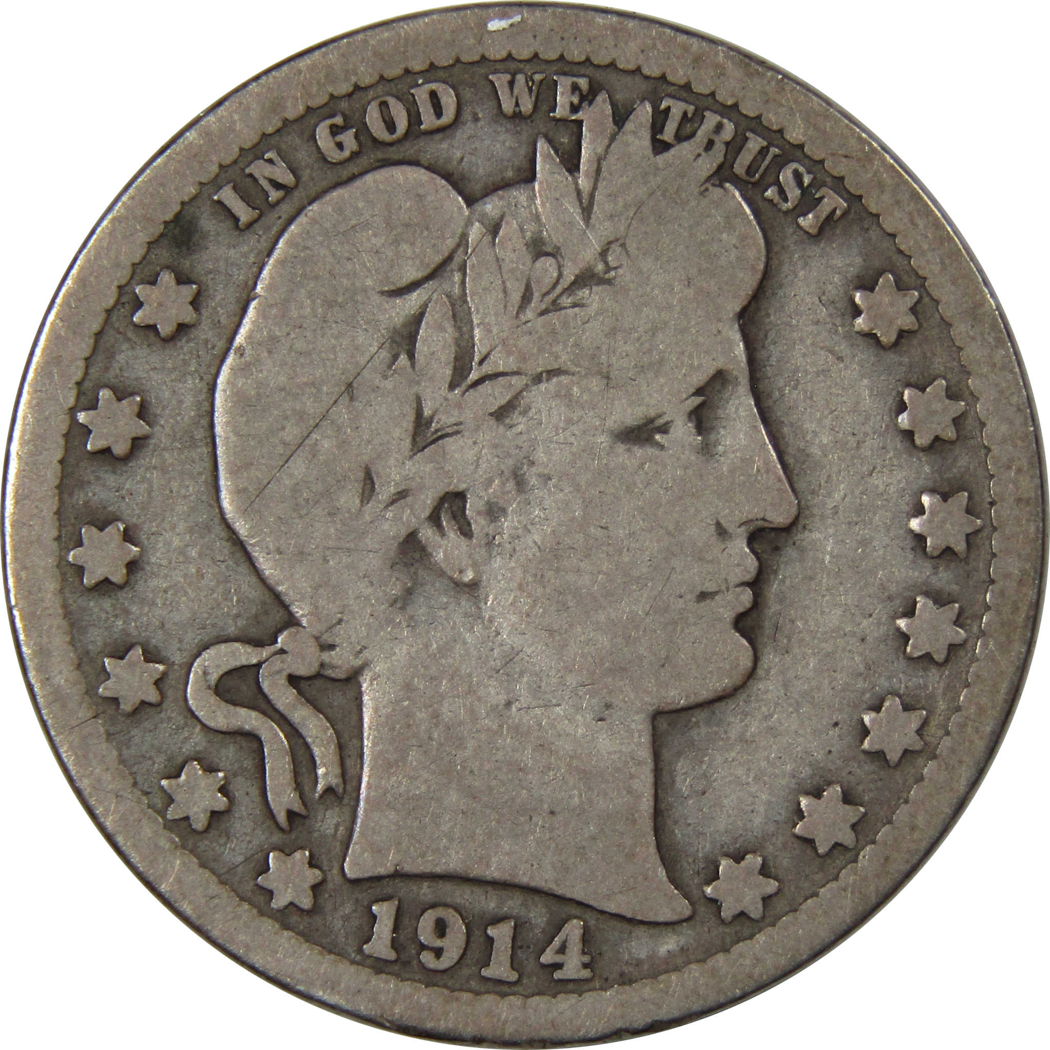 1914 S Barber Quarter G Good 90% Silver 25c US Type Coin SKU:I801