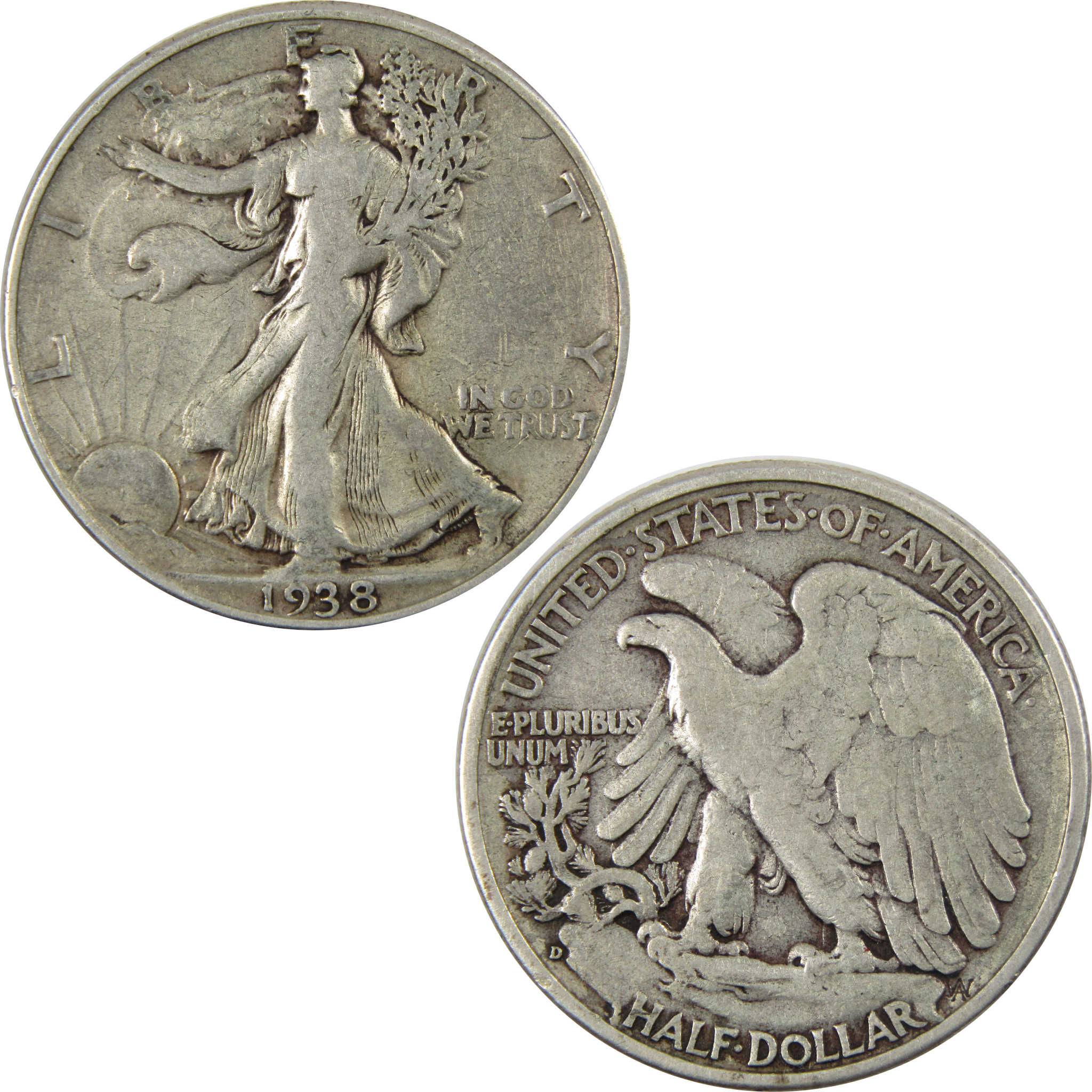 1938 D Liberty Walking Half Dollar F Fine 90% Silver 50c SKU:I7378