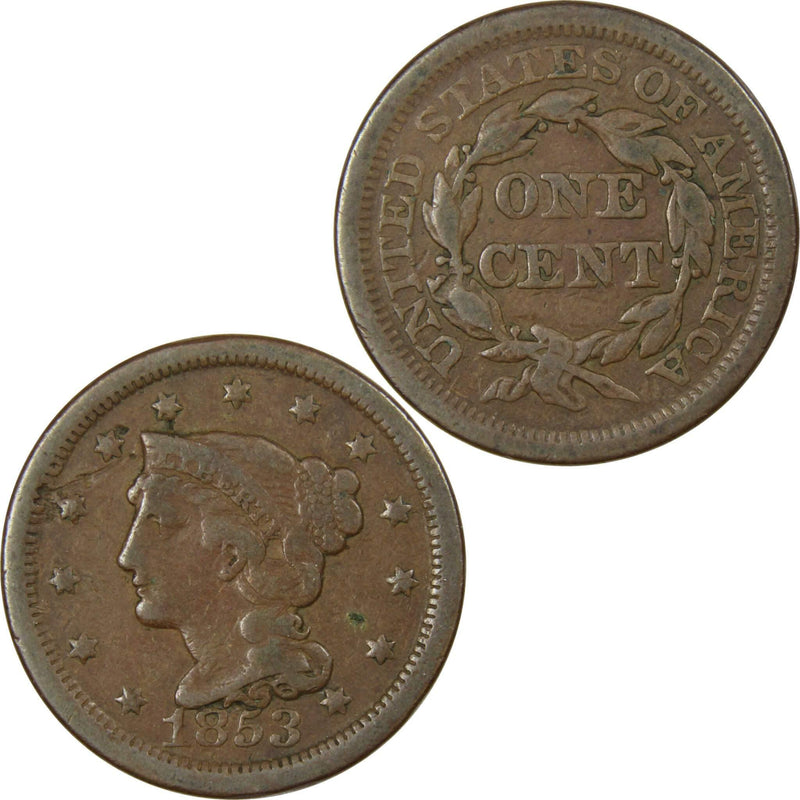 1853 Braided Hair Large Cent Copper Penny 1c US Type Coin Collectible - Profile Coins & Collectibles 