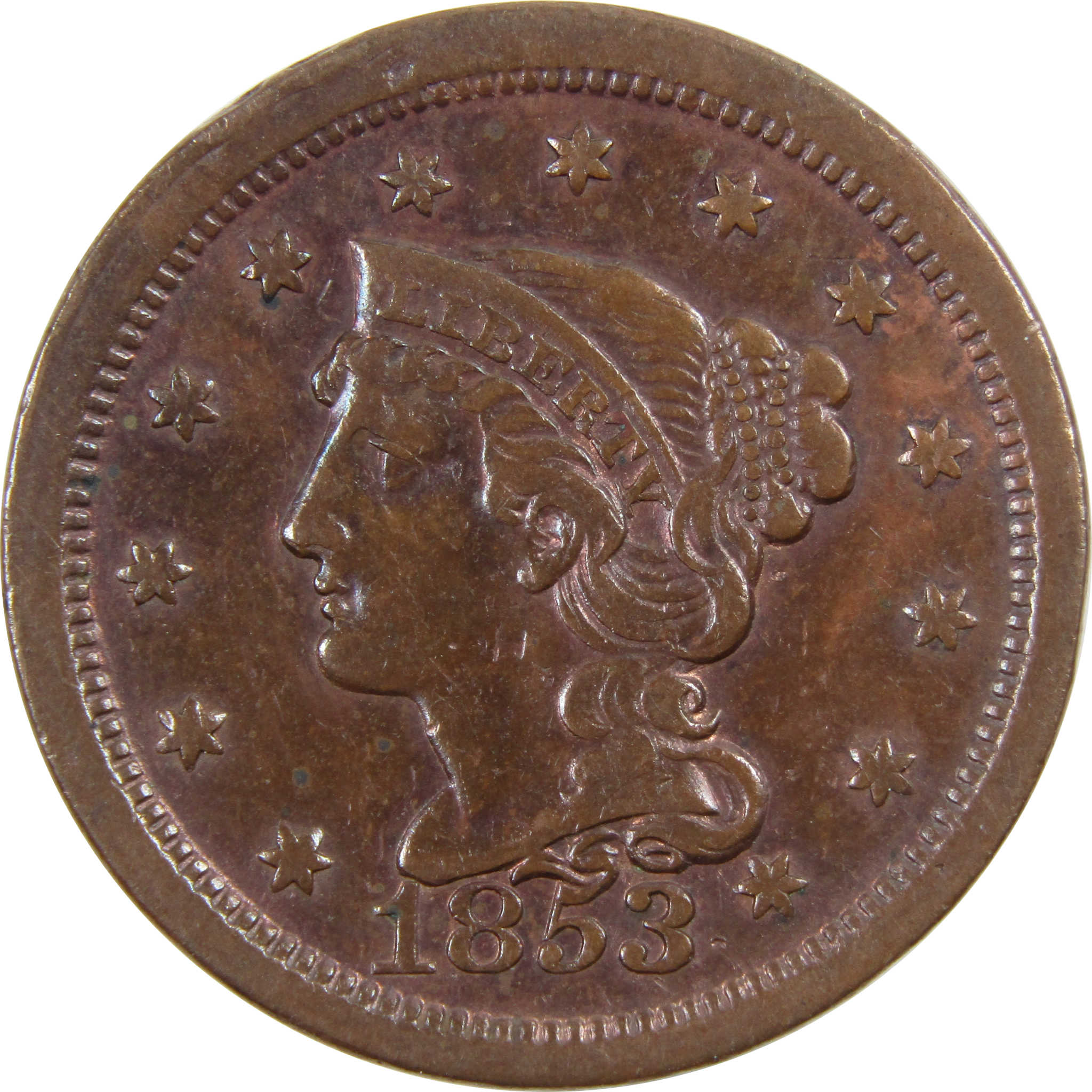 1853 Braided Hair Large Cent About Uncirculated Copper Penny SKU:I3518