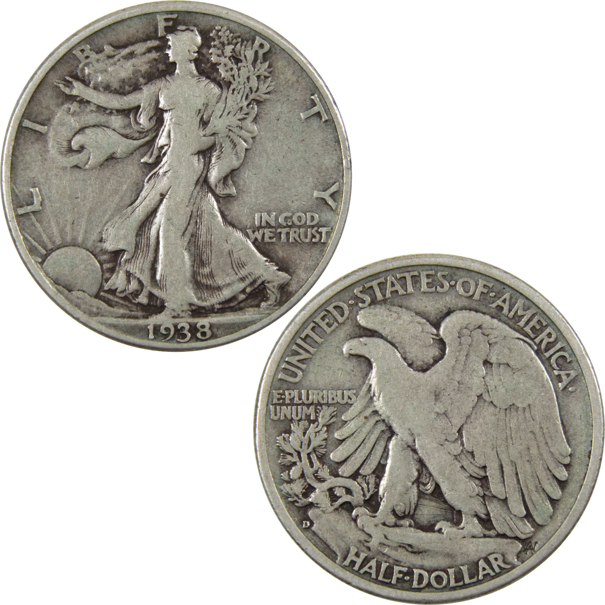 1938 D Liberty Walking Half Dollar F Fine 90% Silver SKU:I5347