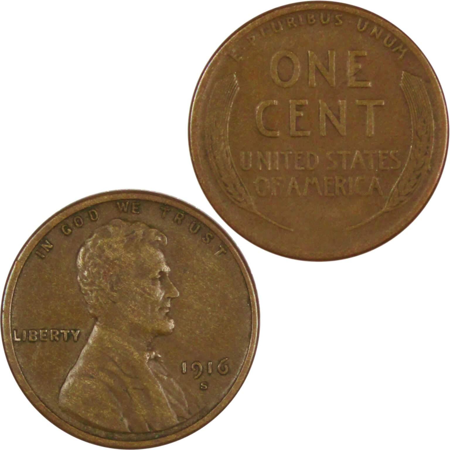 1916 S Lincoln Wheat Cent F Fine Bronze Penny 1c Coin Collectible