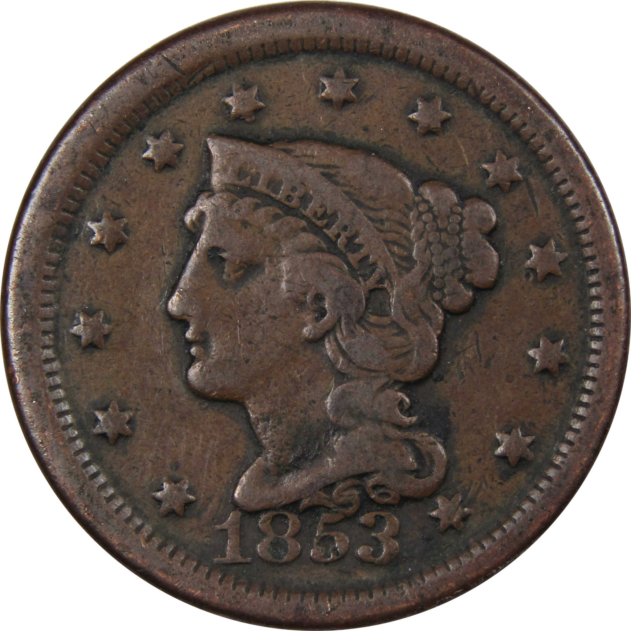 1853 Braided Hair Large Cent VG Very Good Copper Penny 1c SKU:IPC9033