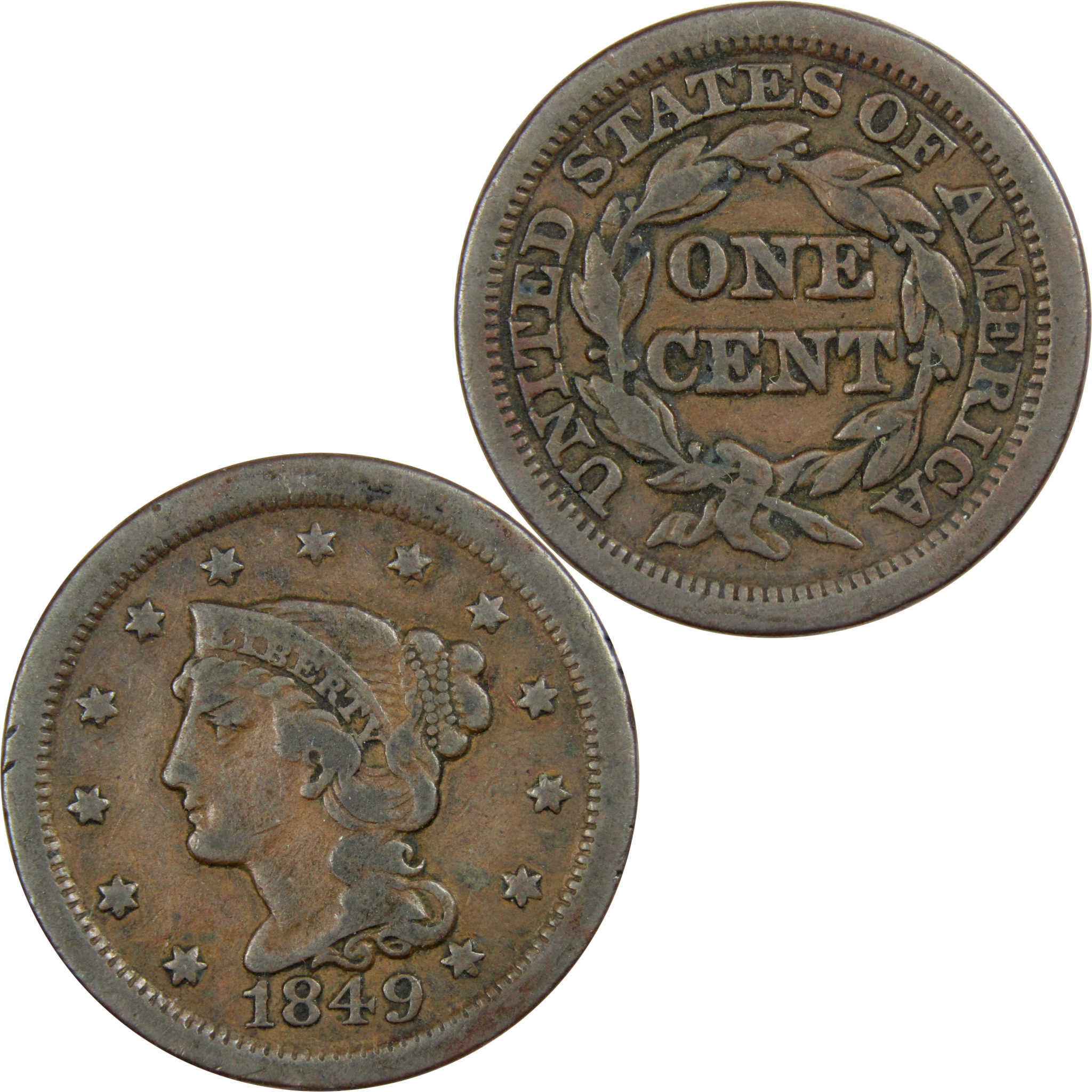 1849 Braided Hair Large Cent VF Very Fine Copper Penny 1c SKU:IPC7665