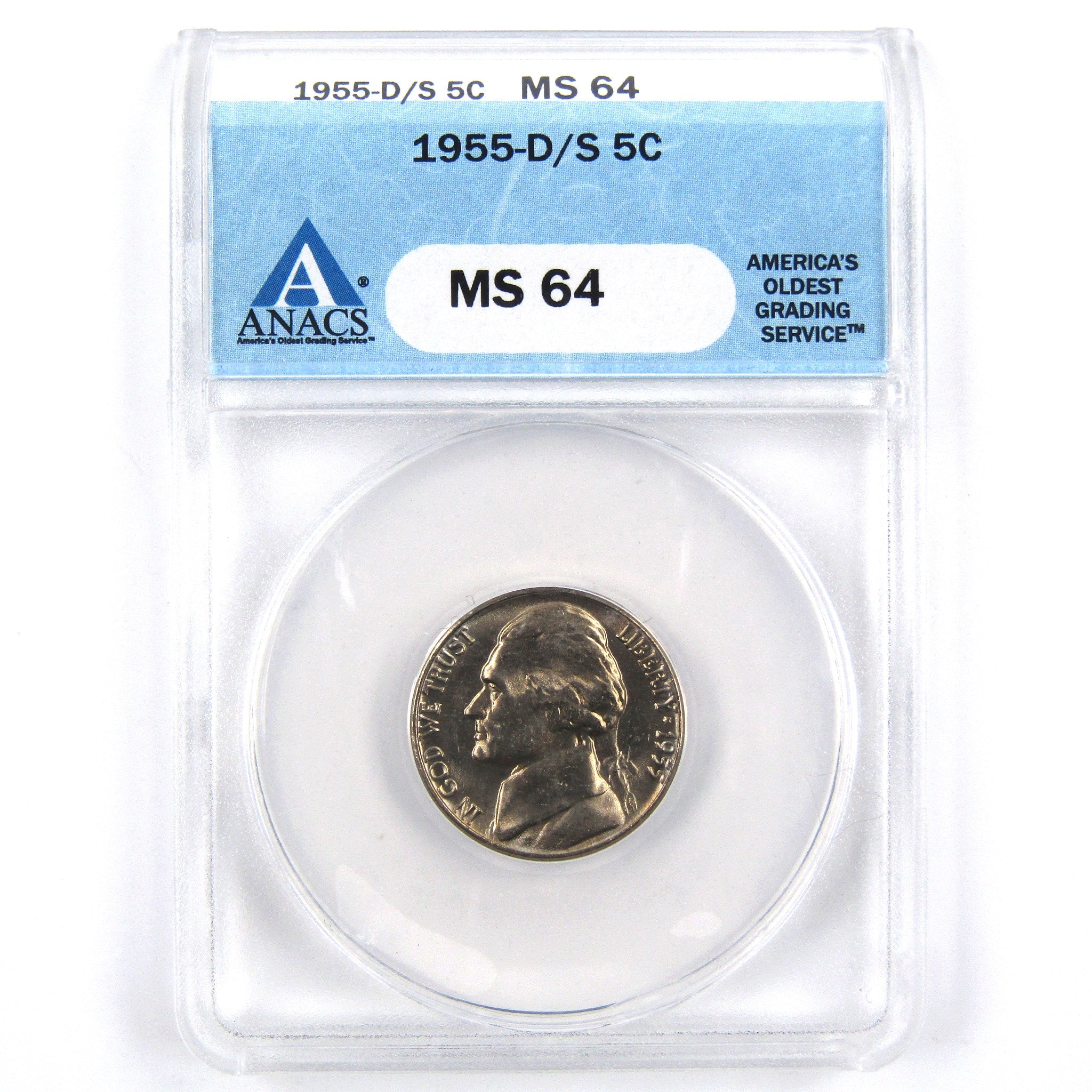 1955 D/S Jefferson Nickel MS 64 ANACS 5c Uncirculated Coin SKU:CPC2362