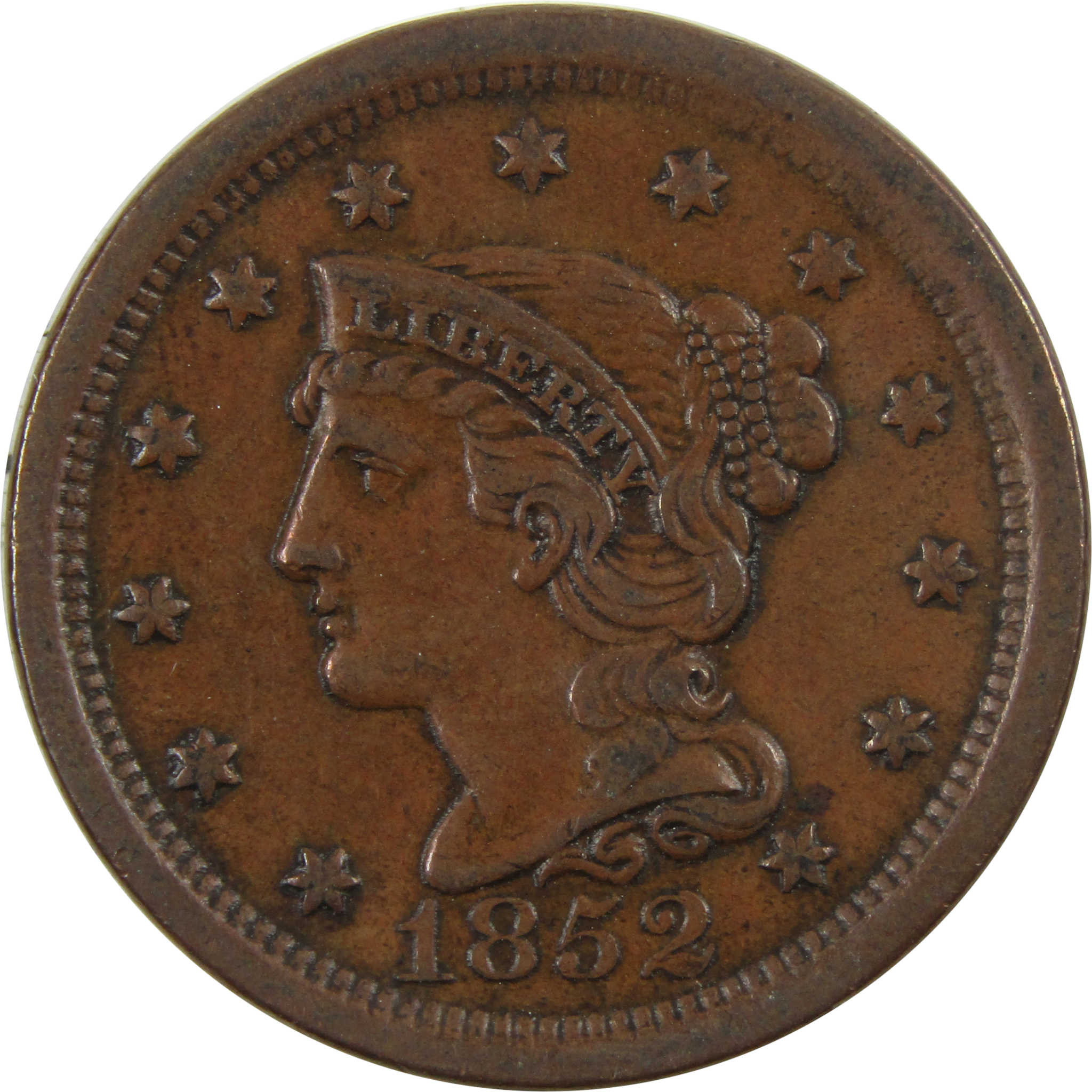 1852 Braided Hair Large Cent AU About Unc Copper Penny SKU:I4722