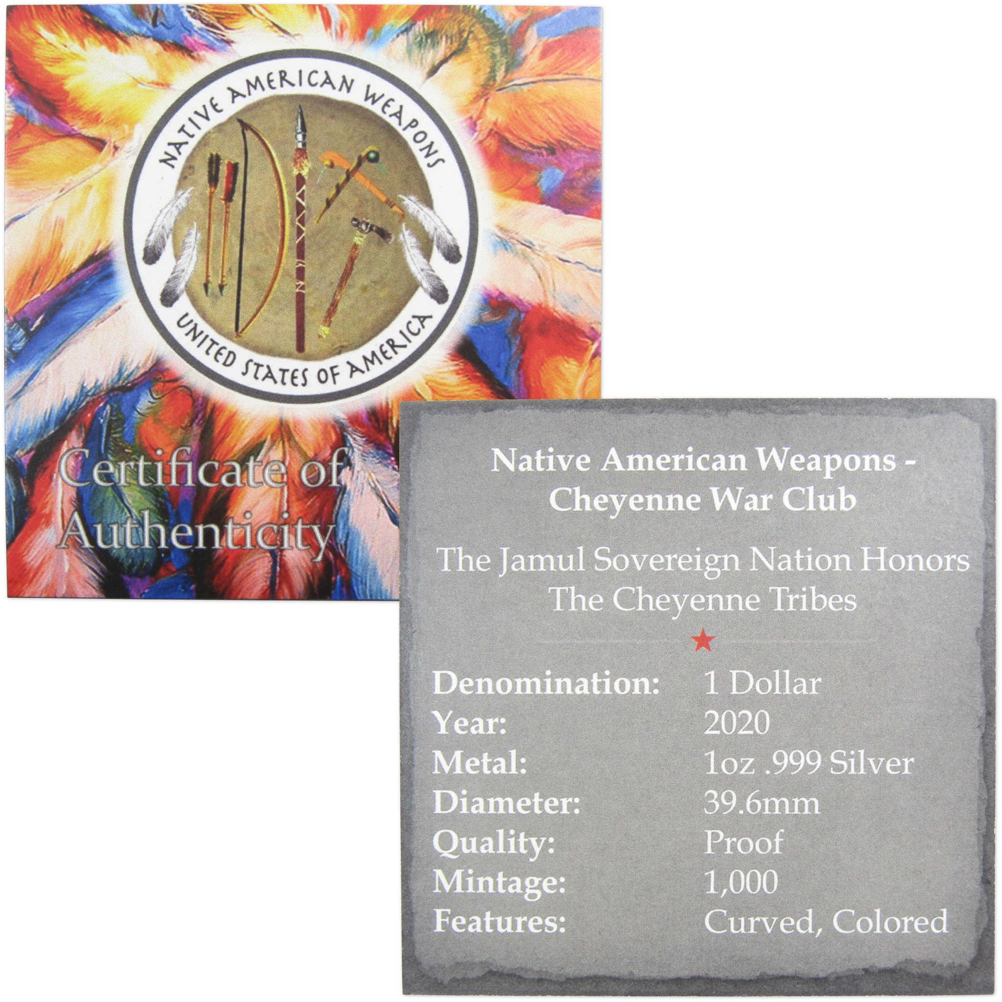 2020 Native American Jamul Cheyenne War Club 1 oz .999 Silver $1 Domed Proof COA