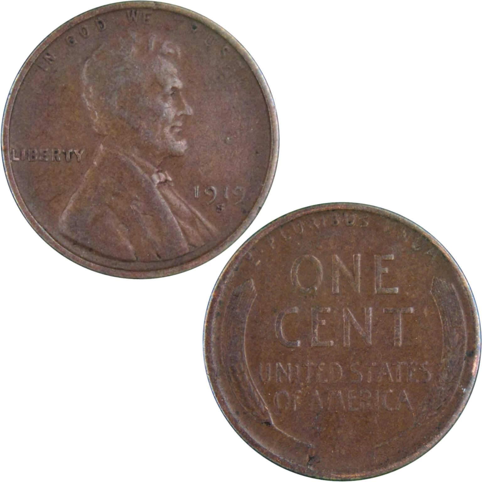 1919 S Lincoln Wheat Cent F Fine Bronze Penny 1c Coin Collectible