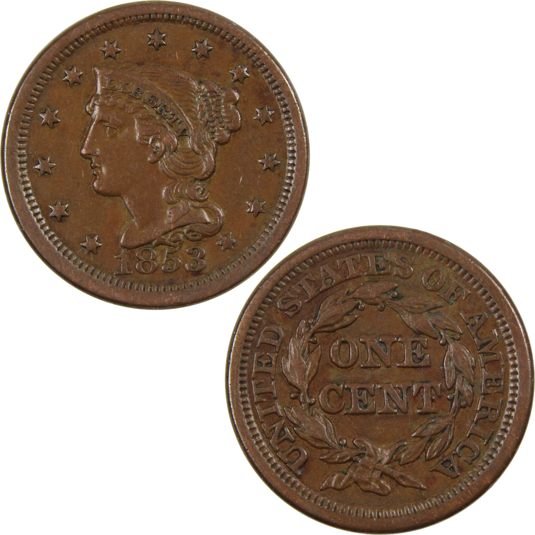 1853 Braided Hair Large Cent AU About Uncirculated Copper 1c SKU:I4286