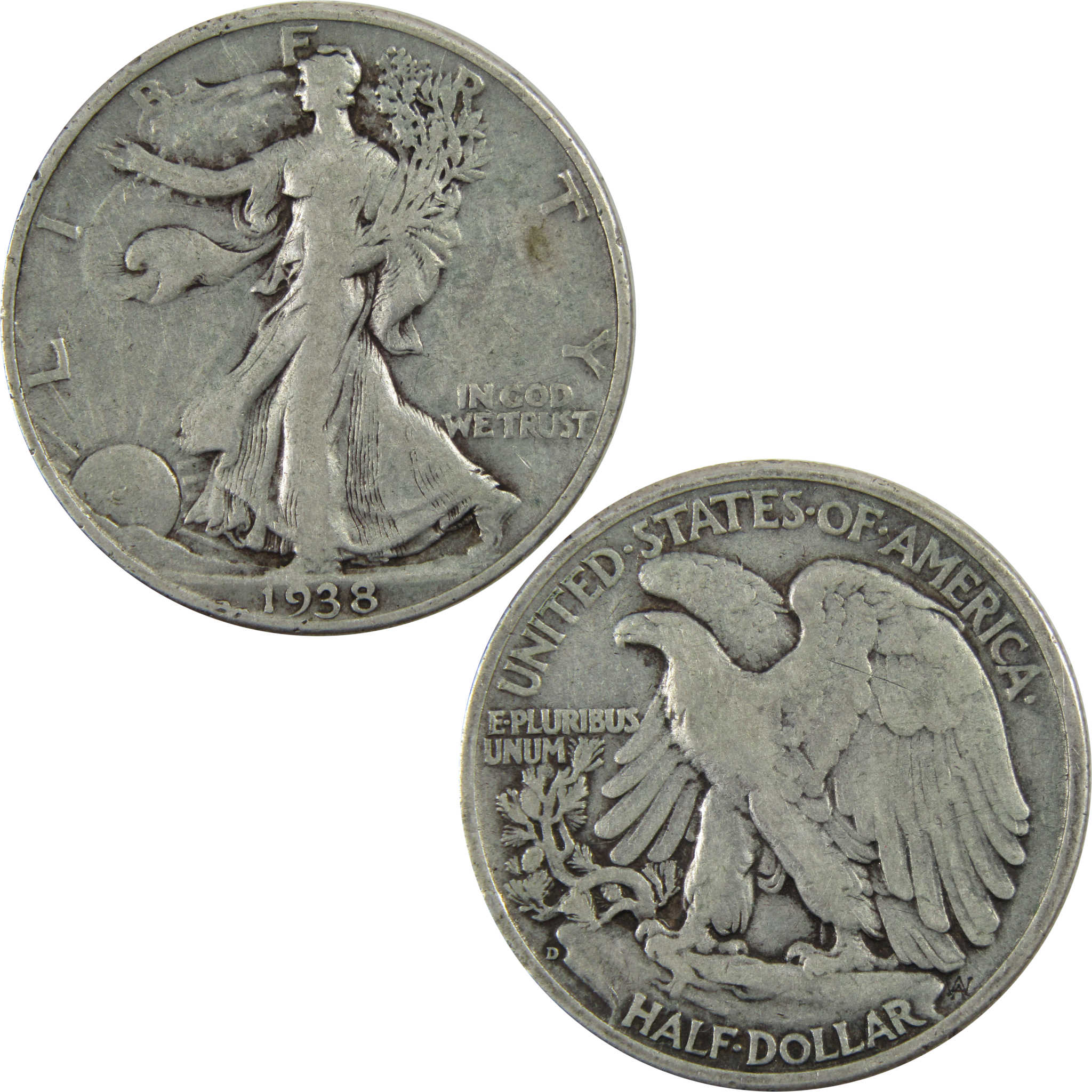 1938 D Liberty Walking Half Dollar F Fine 90% Silver 50c SKU:I4875