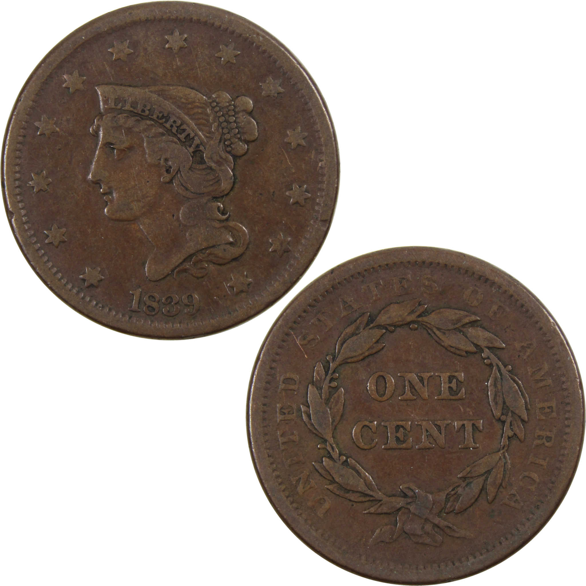 1839 Braided Hair Large Cent F Fine Copper Penny 1c SKU:I3444