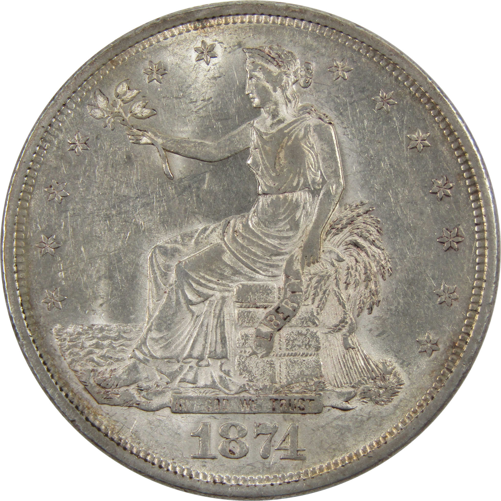 1874 Trade Dollar Borderline Uncirculated 90% Silver $1 Coin SKU:I5991