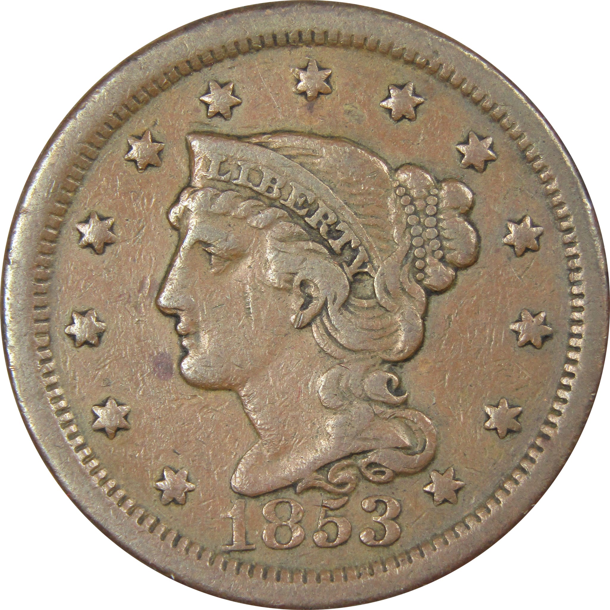 1853 Braided Hair Large Cent F Fine Copper Penny 1c SKU:IPC7324