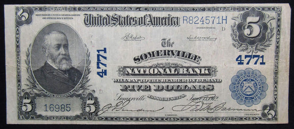 1902 $5 National Bank Note Sommerville MA Charter #4771 Fine / Very Fine - Profile Coins & Collectibles 