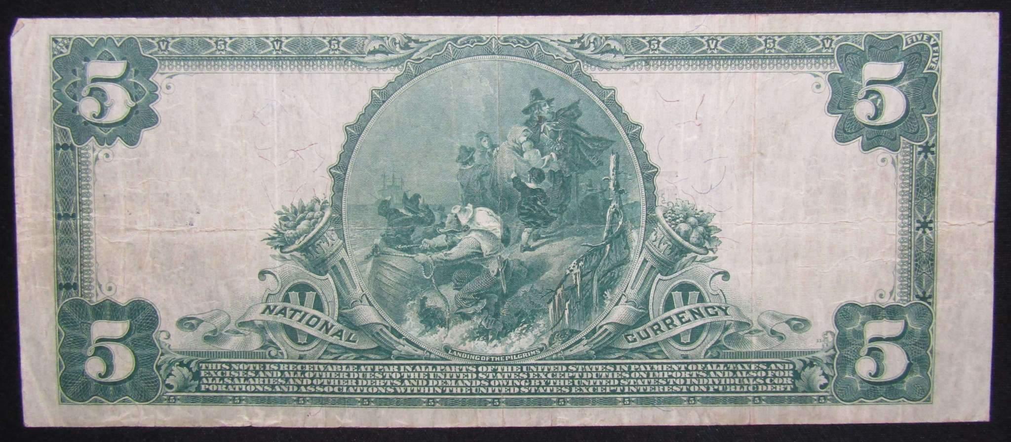 1902 $5 National Bank Note Sommerville MA Charter #4771 Fine / Very Fine