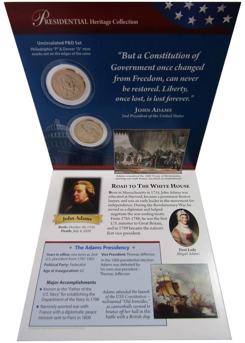 2007 P&D John Adams Presidential Dollar 2 Coin Set Uncirculated Bifold