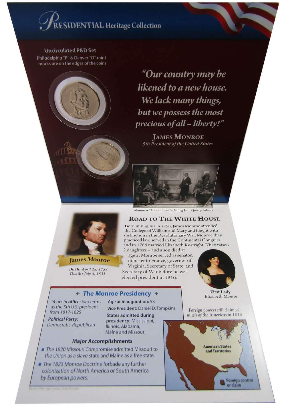 2008 P&D James Monroe Presidential Dollar 2 Coin Set Uncirculated Bifold