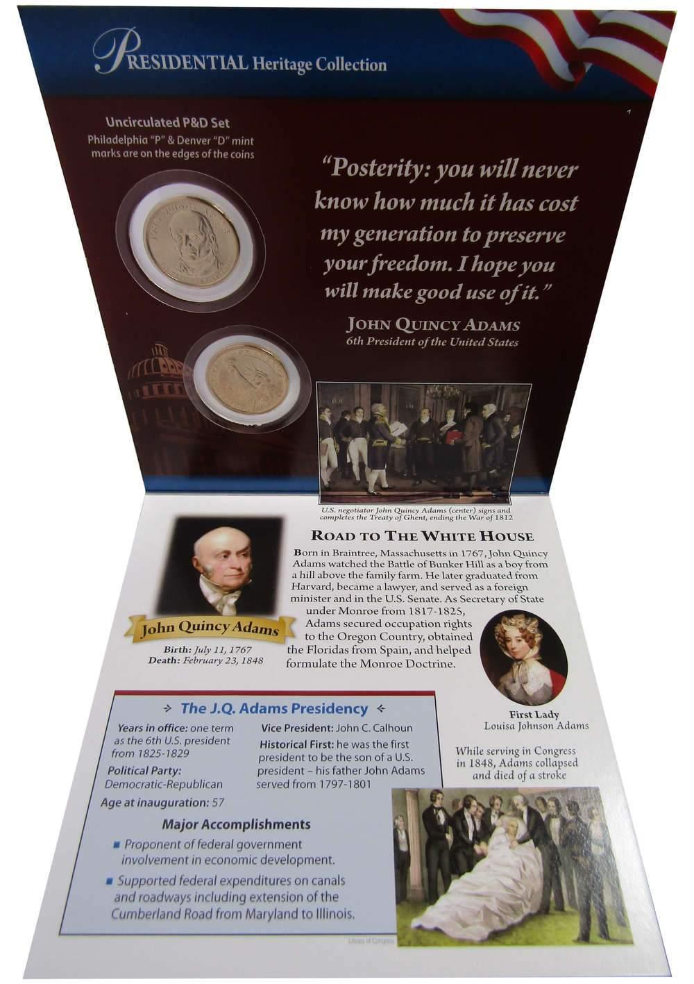 2008 P&D John Quincy Adams Presidential Dollar 2 Coin Set Uncirculated Bifold