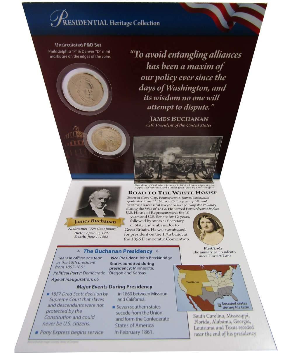 2010 P&D James Buchanan Presidential Dollar 2 Coin Set BU Uncirculated Bifold