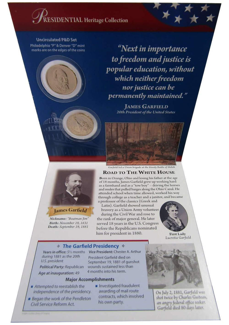 2011 P&D James Garfield Presidential Dollar 2 Coin Set BU Uncirculated Bifold - Presidential dollars - Presidential coins - Presidential coin set - Profile Coins &amp; Collectibles