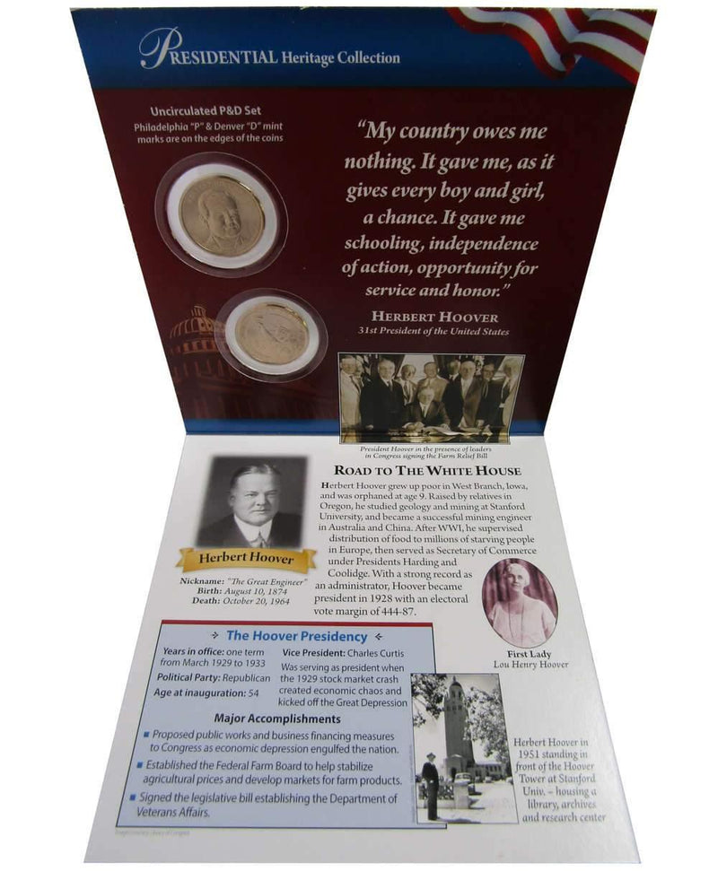 2014 P&D Herbert Hoover Presidential Dollar 2 Coin Set BU Uncirculated Bifold - Presidential dollars - Presidential coins - Presidential coin set - Profile Coins &amp; Collectibles