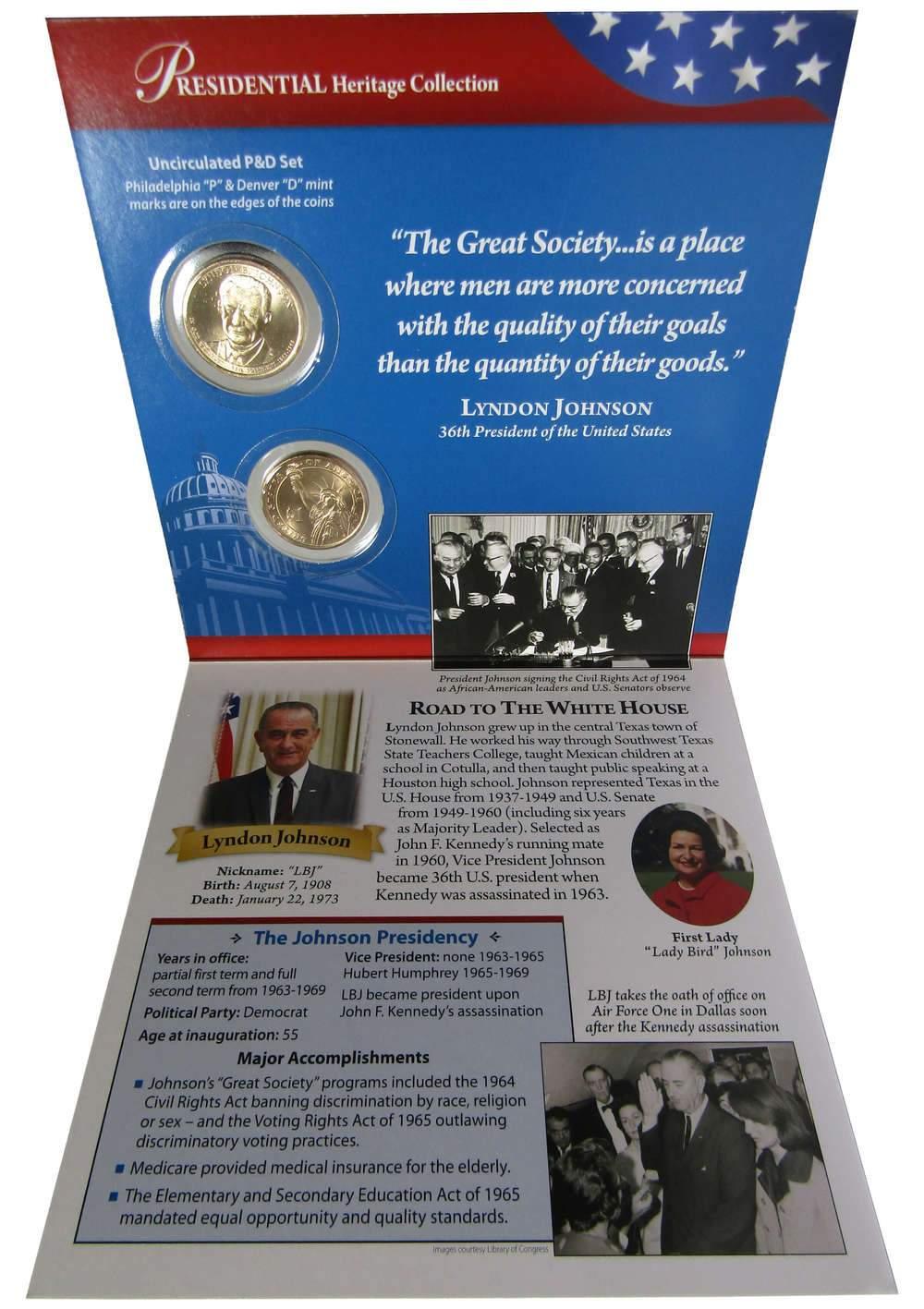 2015 P&D Lyndon B Johnson Presidential Dollar 2 Coin Set BU Uncirculated Bifold