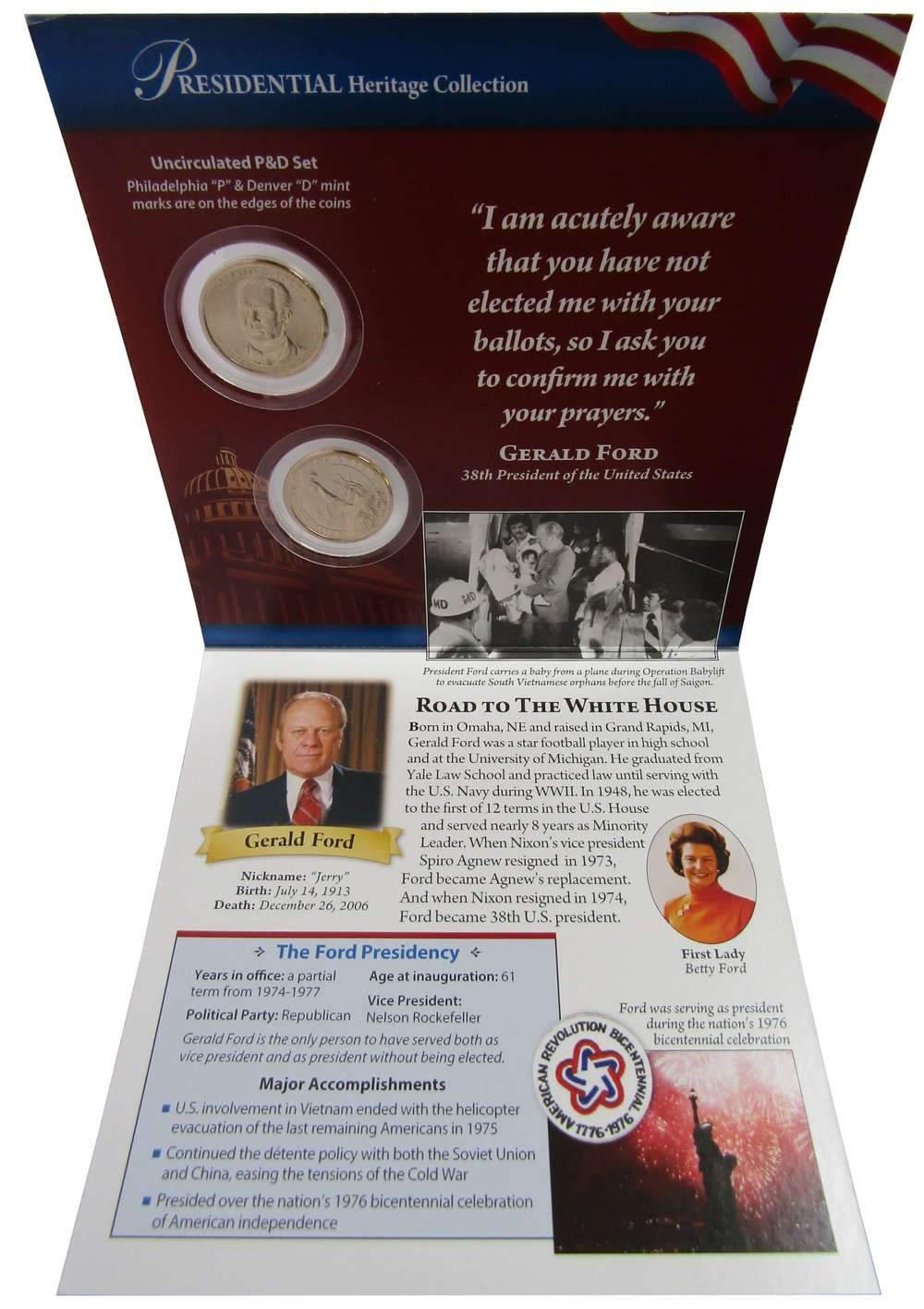 2016 P&D Gerald R Ford Presidential Dollar 2 Coin Set BU Uncirculated Bifold
