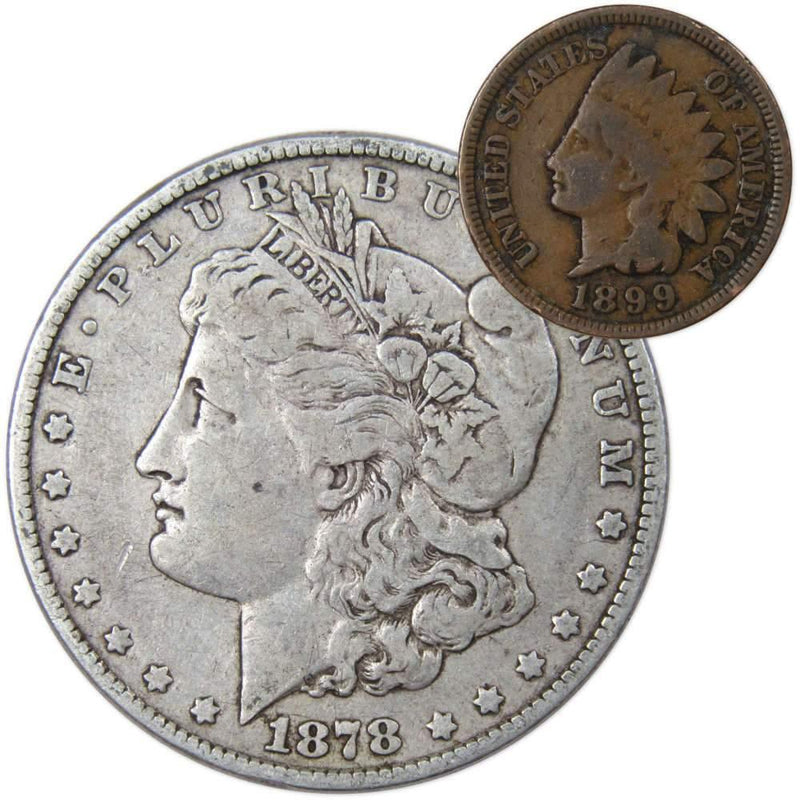 1878 7TF Rev 78 Morgan Dollar F Fine with 1899 Indian Head Cent G Good - Morgan coin - Morgan silver dollar - Morgan silver dollar for sale - Profile Coins &amp; Collectibles
