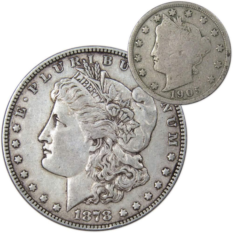 1878 7TF Rev 78 Morgan Dollar VF Very Fine with 1905 Liberty Nickel G Good - Morgan coin - Morgan silver dollar - Morgan silver dollar for sale - Profile Coins &amp; Collectibles