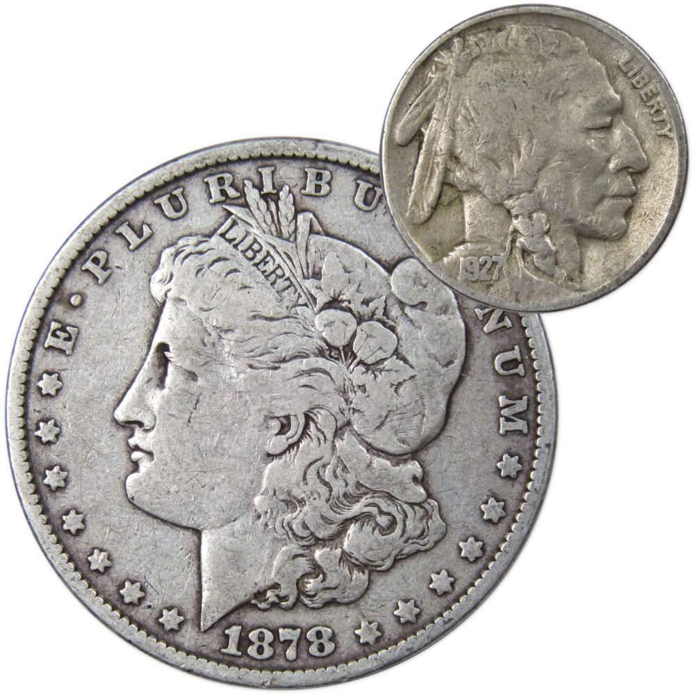 1878 7TF Rev 79 Morgan Dollar VG Very Good with 1927 Buffalo Nickel F Fine - Morgan coin - Morgan silver dollar - Morgan silver dollar for sale - Profile Coins &amp; Collectibles