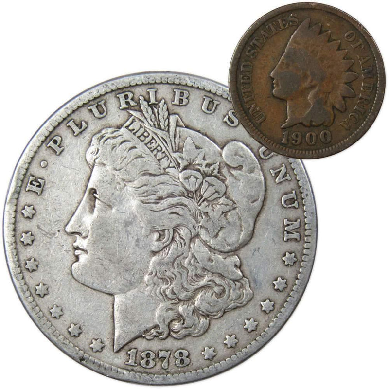 1878 7TF Rev 79 Morgan Dollar F Fine with 1900 Indian Head Cent G Good - Morgan coin - Morgan silver dollar - Morgan silver dollar for sale - Profile Coins &amp; Collectibles