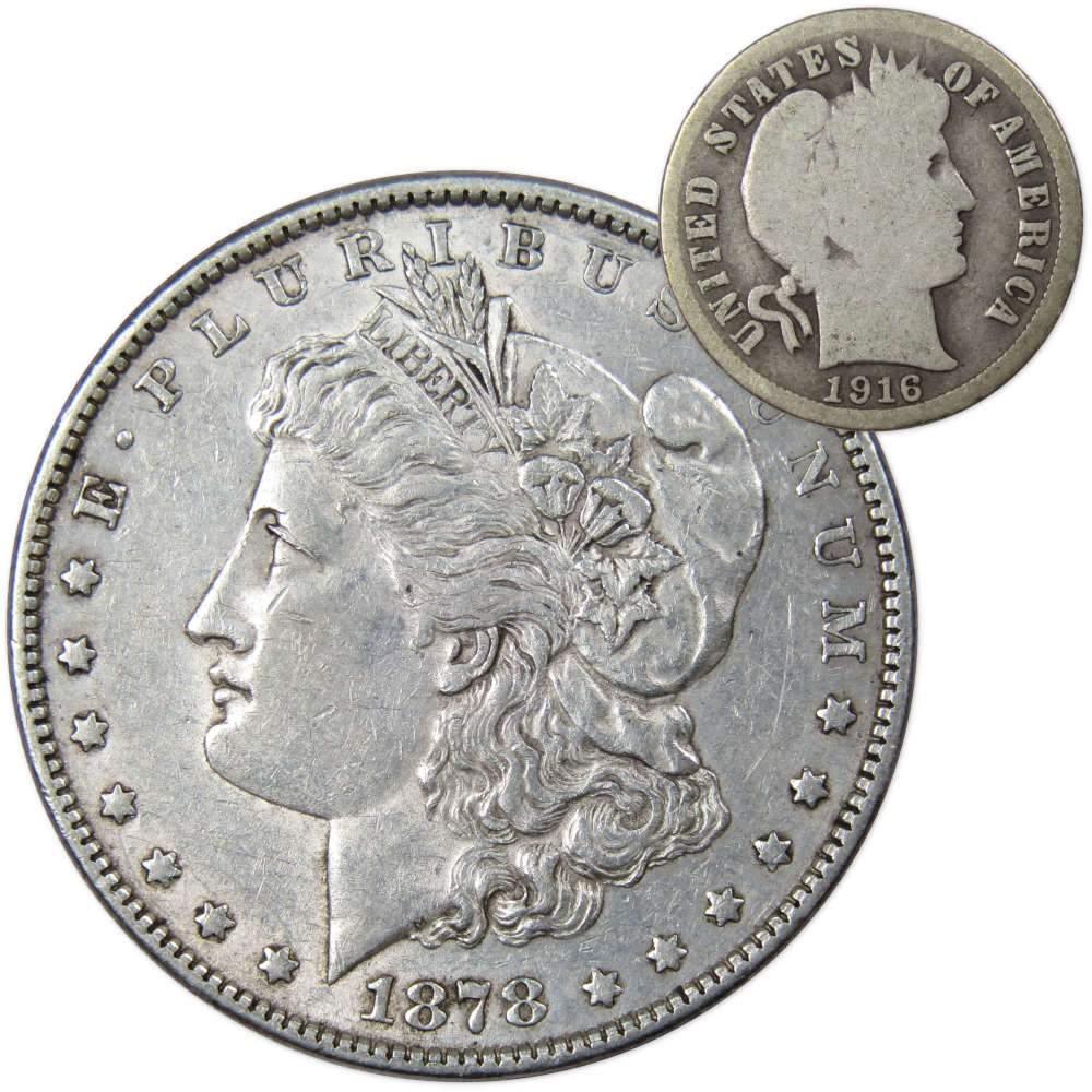 1878 7TF Rev 79 Morgan Dollar XF EF Extremely Fine with 1916 Barber Dime G Good - Morgan coin - Morgan silver dollar - Morgan silver dollar for sale - Profile Coins &amp; Collectibles