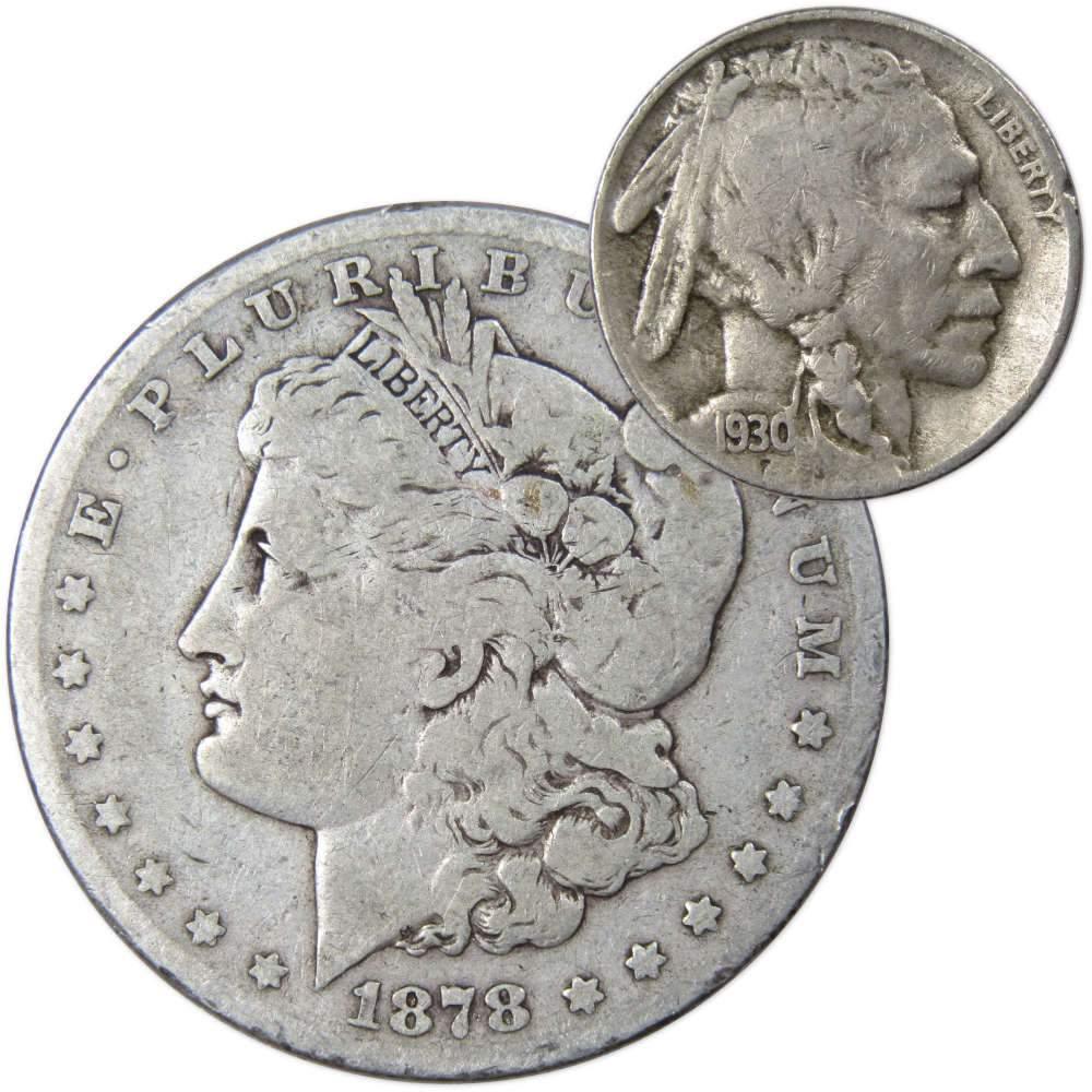 1878 S Morgan Dollar VG Very Good 90% Silver with 1930 S Buffalo Nickel F Fine - Morgan coin - Morgan silver dollar - Morgan silver dollar for sale - Profile Coins &amp; Collectibles